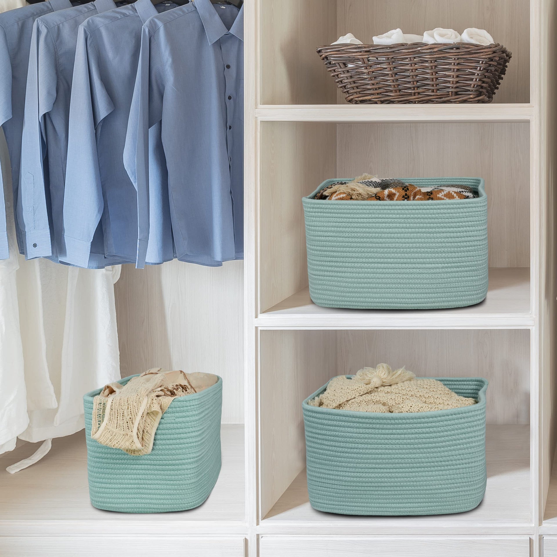 Woven Cotton Rope Storage Baskets 15x10x9.3" 3 Pack Green