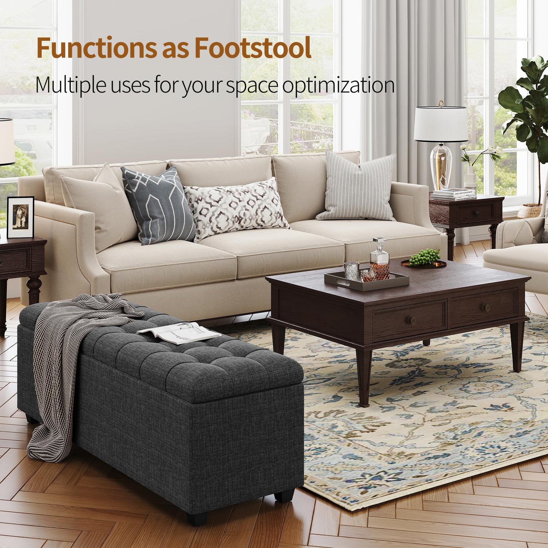Soft Dark Grey 38" Large Storage Ottoman Bench with Hinged Lid and Footrest