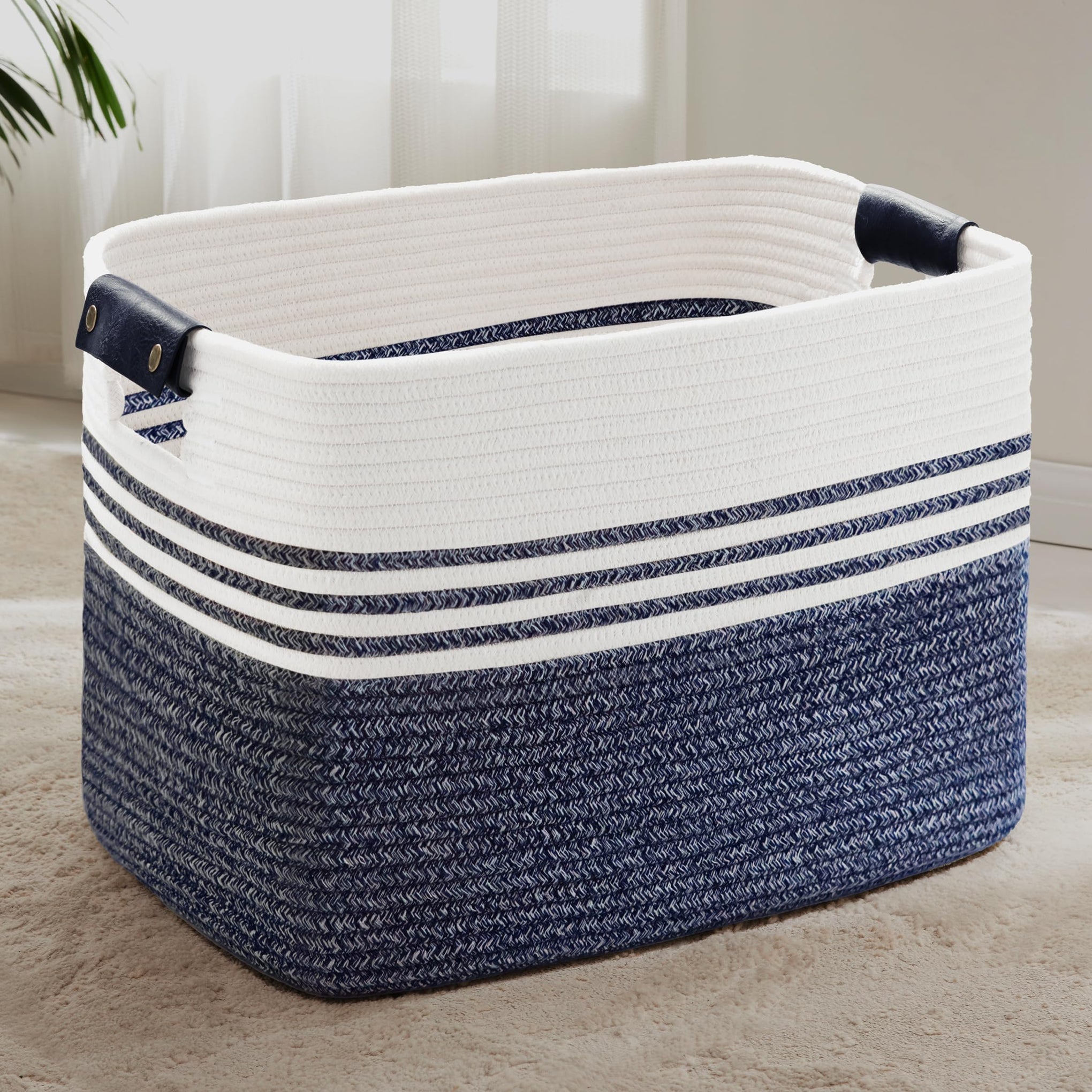 100L Woven Laundry Basket Hamper with Leather Handles
