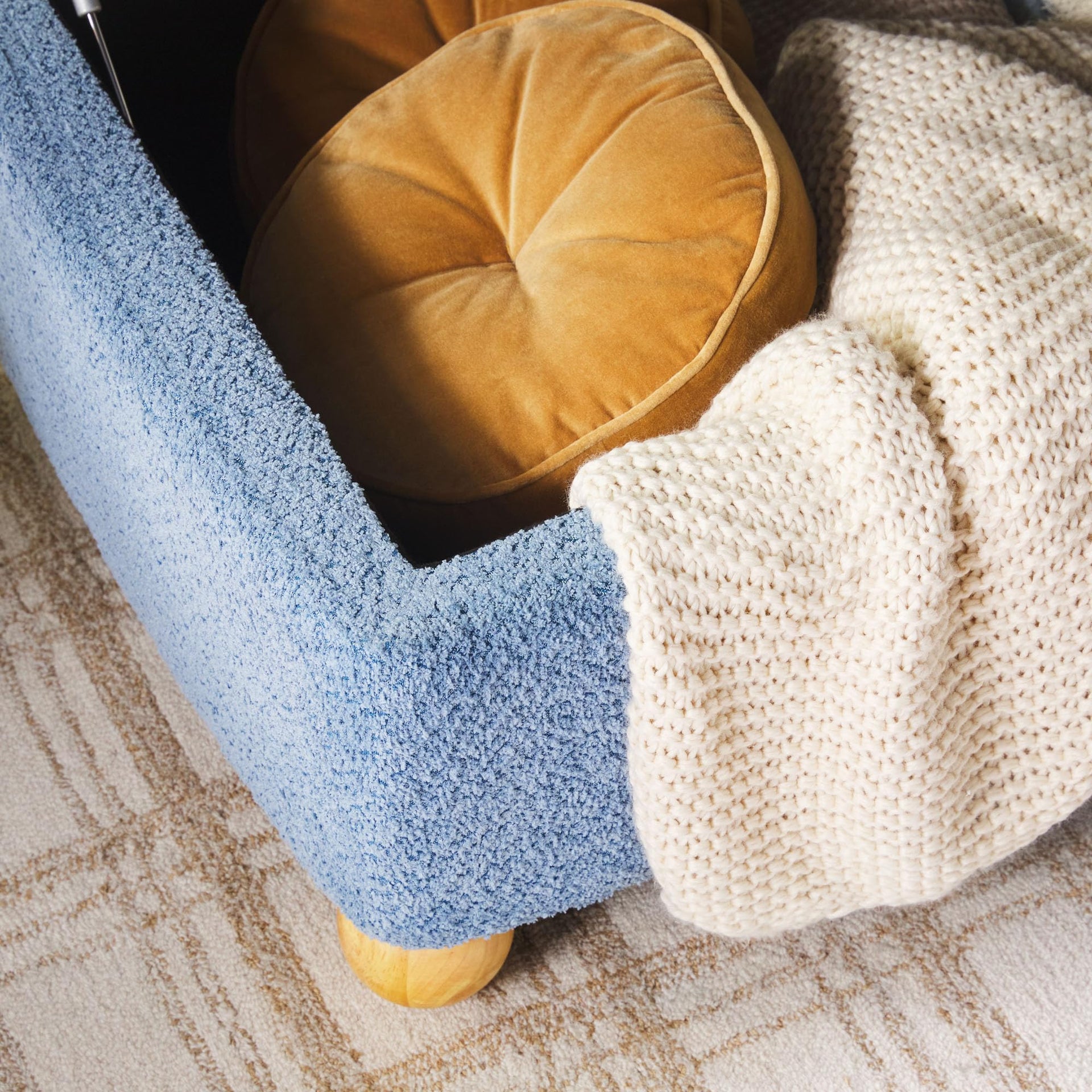 Linley Contemporary Large Storage Bouclé Ottoman with Wood Legs