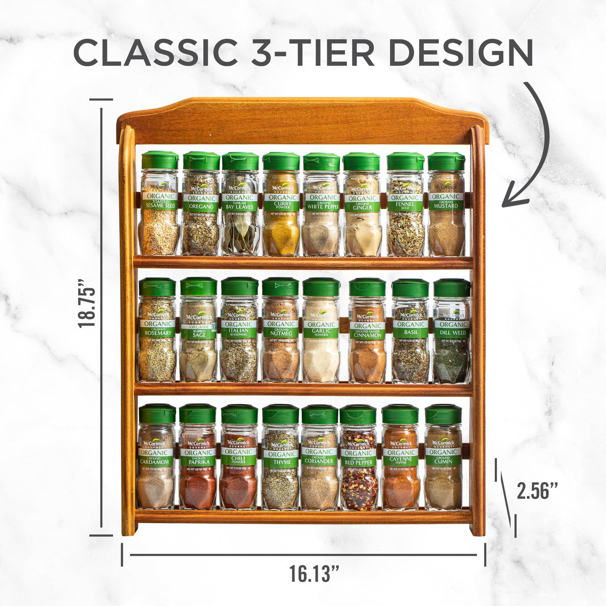 Three Tier Wood 24 Piece Organic Spice Rack Organizer with Spices Included (27.6 Ounce)