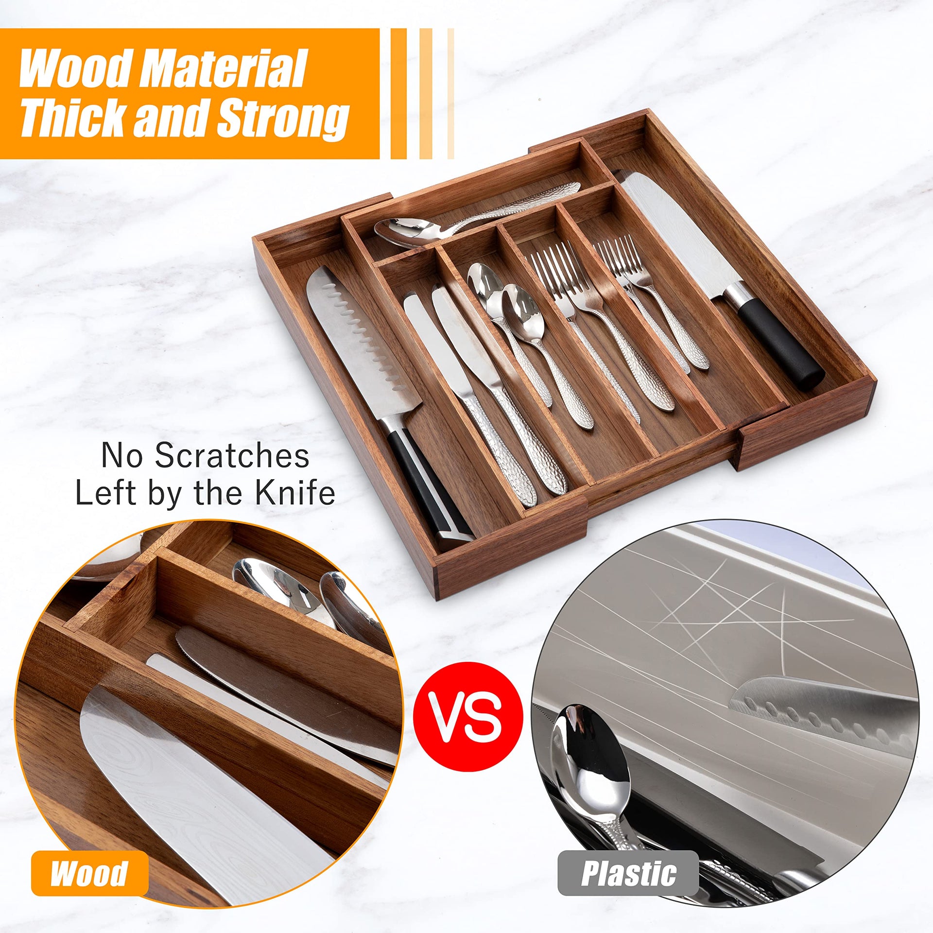 Acacia Silverware Organizer Kitchen Drawer Organizer Expandable Bamboo Utensil Holder Cutlery Tray for Kitchen Utensil and Flatware Bedroom Office