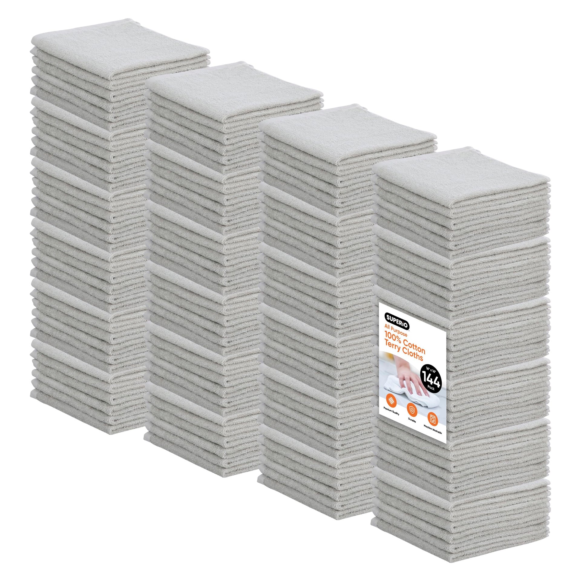 Cotton Terry Washcloths Grey Towels 100% Cotton Cleaning Cloth 16" Rags Wash Clothes for Body and Face (144 Count)