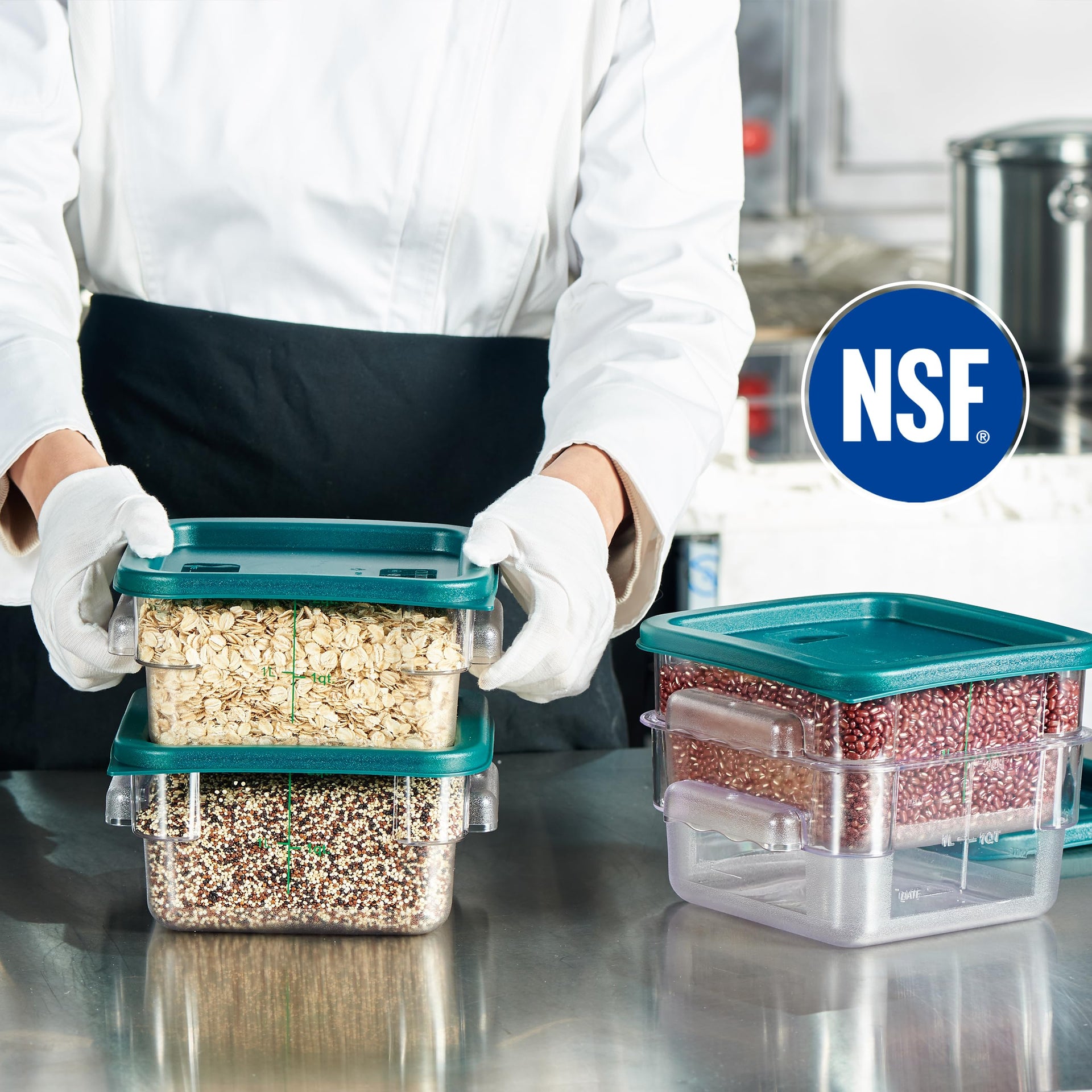 8 Pack 2 Qt NSF Clear Polycarbonate Food Storage Containers with Green Lids (8 Count)
