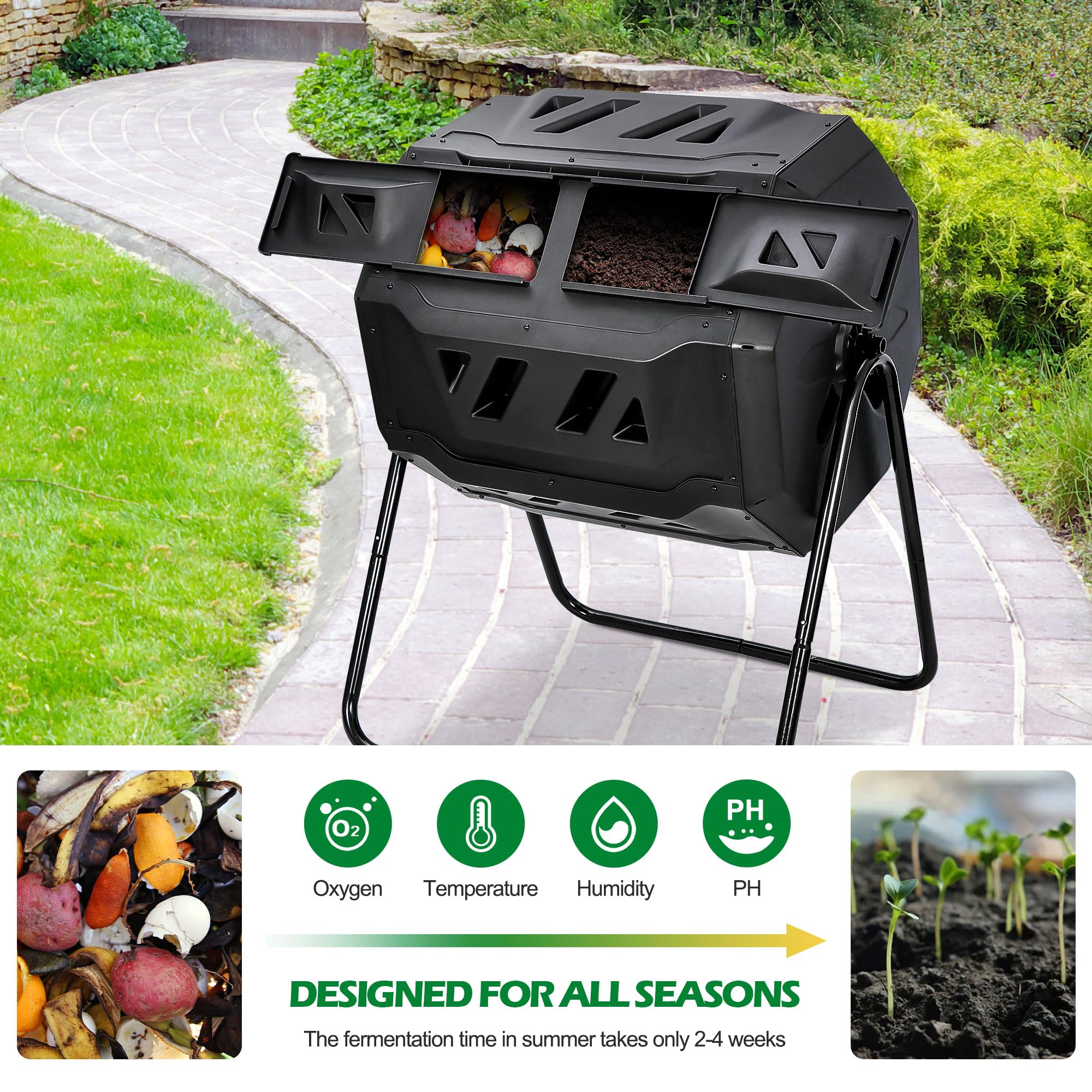 43 Gallon Compost Tumbler Bin Composter Dual Chamber BPA Free Compost Bin Outdoor Rotating Garden Yard Waste Bins