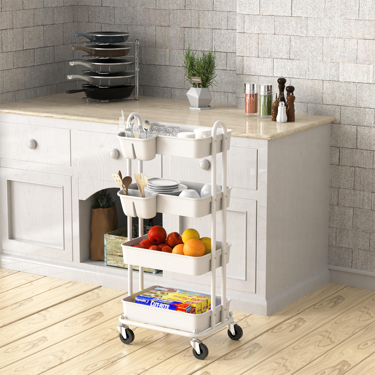4 Tier Rolling Utility Cart with Hanging Bucket