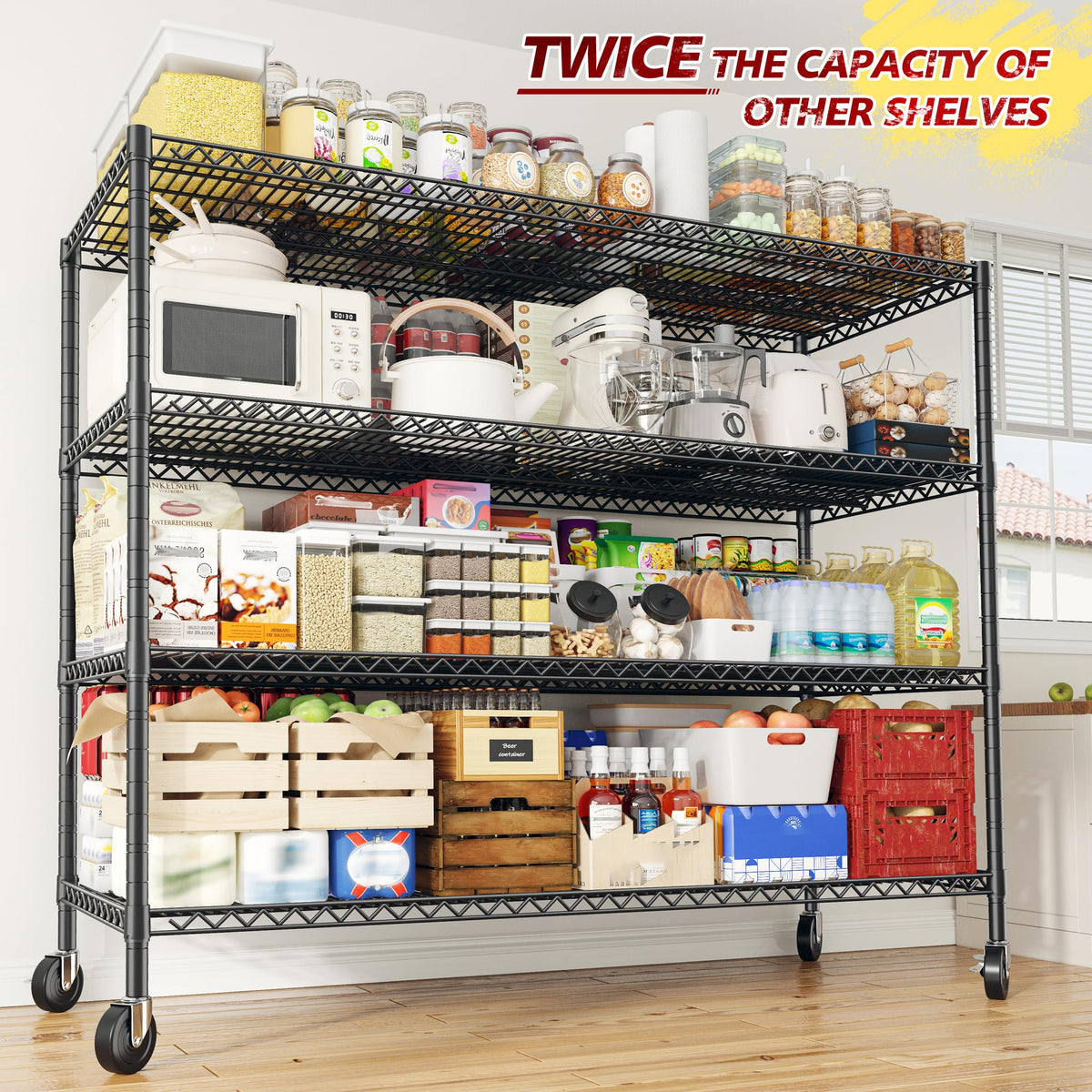 55.52''W Storage Shelves 2480LBS Wire Shelving Unit with Wheels Heavy Duty Metal Shelves for Storage Adjustable Garage Storage Rack Kitchen Shelving (4 Count)