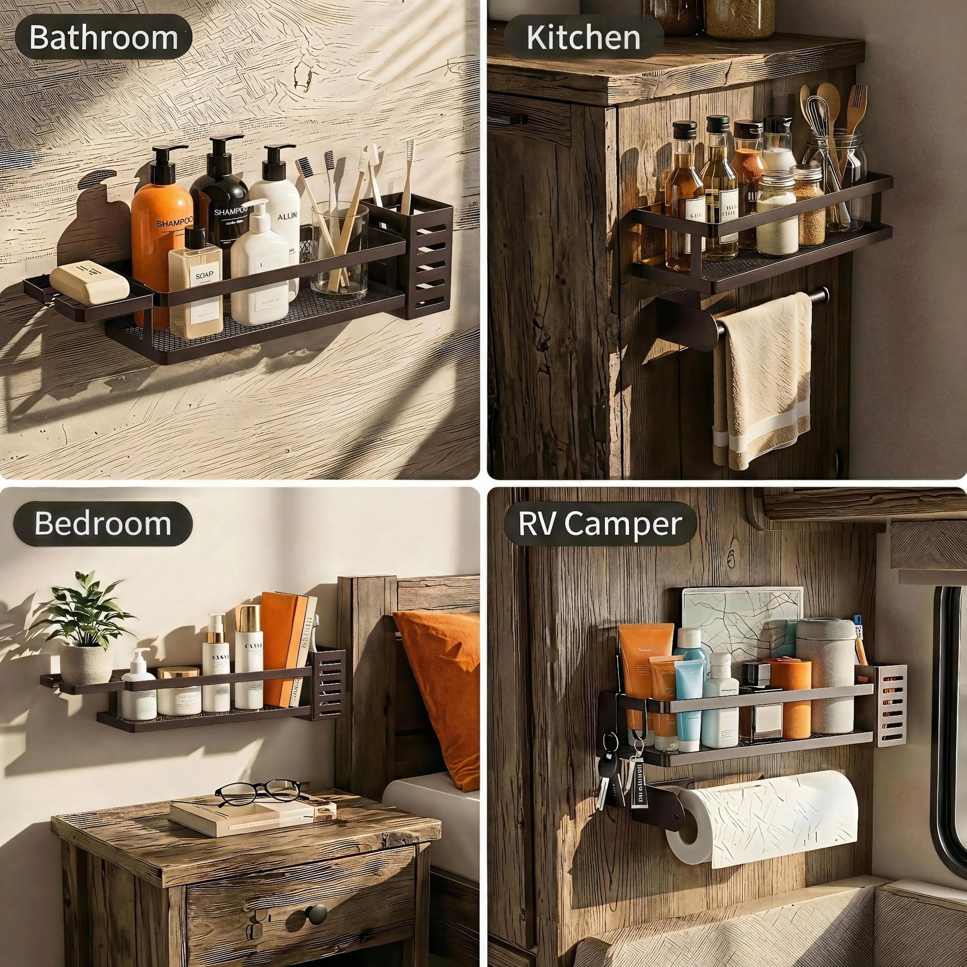 5-in-1 Shower Caddy & Kitchen Organizer Set, Wall Mount Wide Spice Rack with Paper Towel Holder, Utensil Holder, Soap Dish, Rustproof Mesh Baskets Hold 50LBS - Vintage Bronze, Guardrail