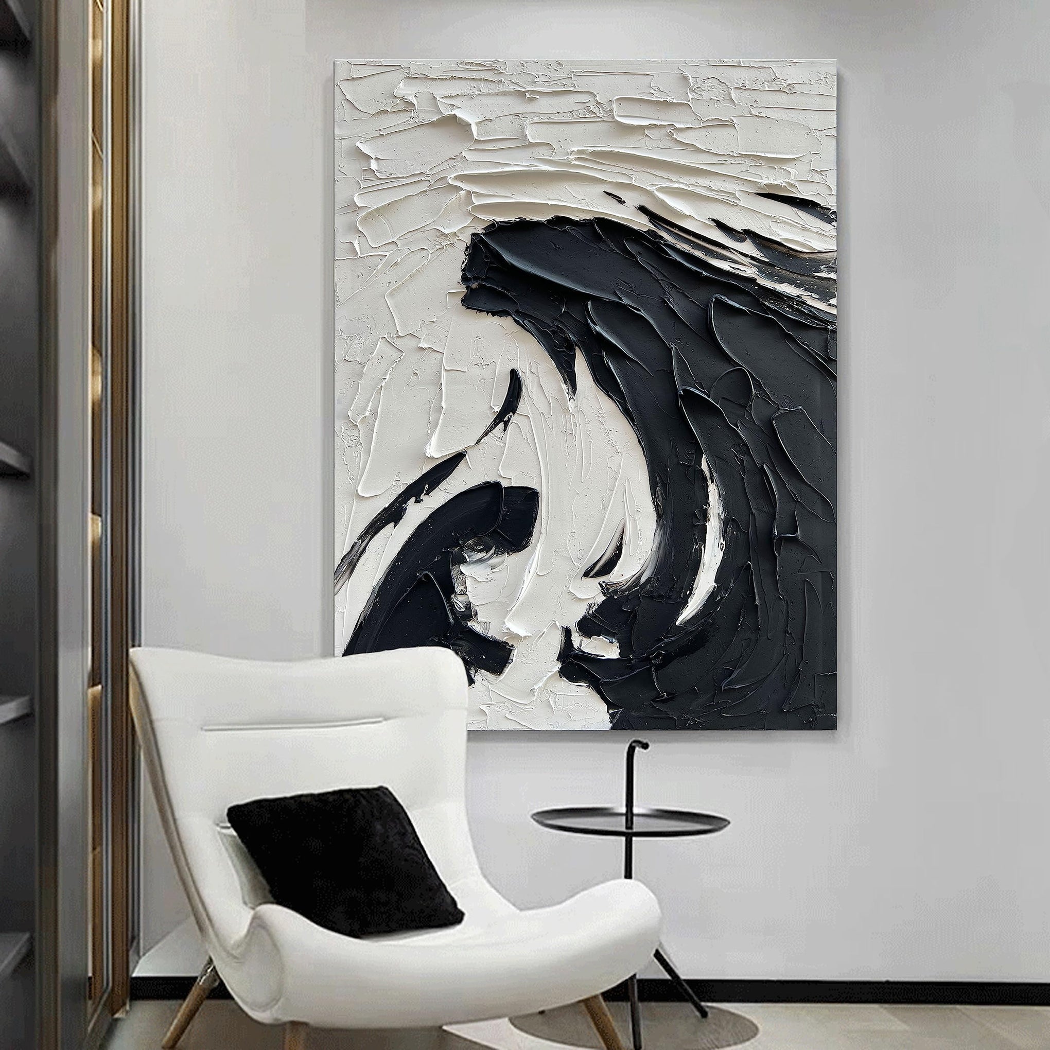 40x28 inch Minimalist Black and White Abstract Painting 100% Hand