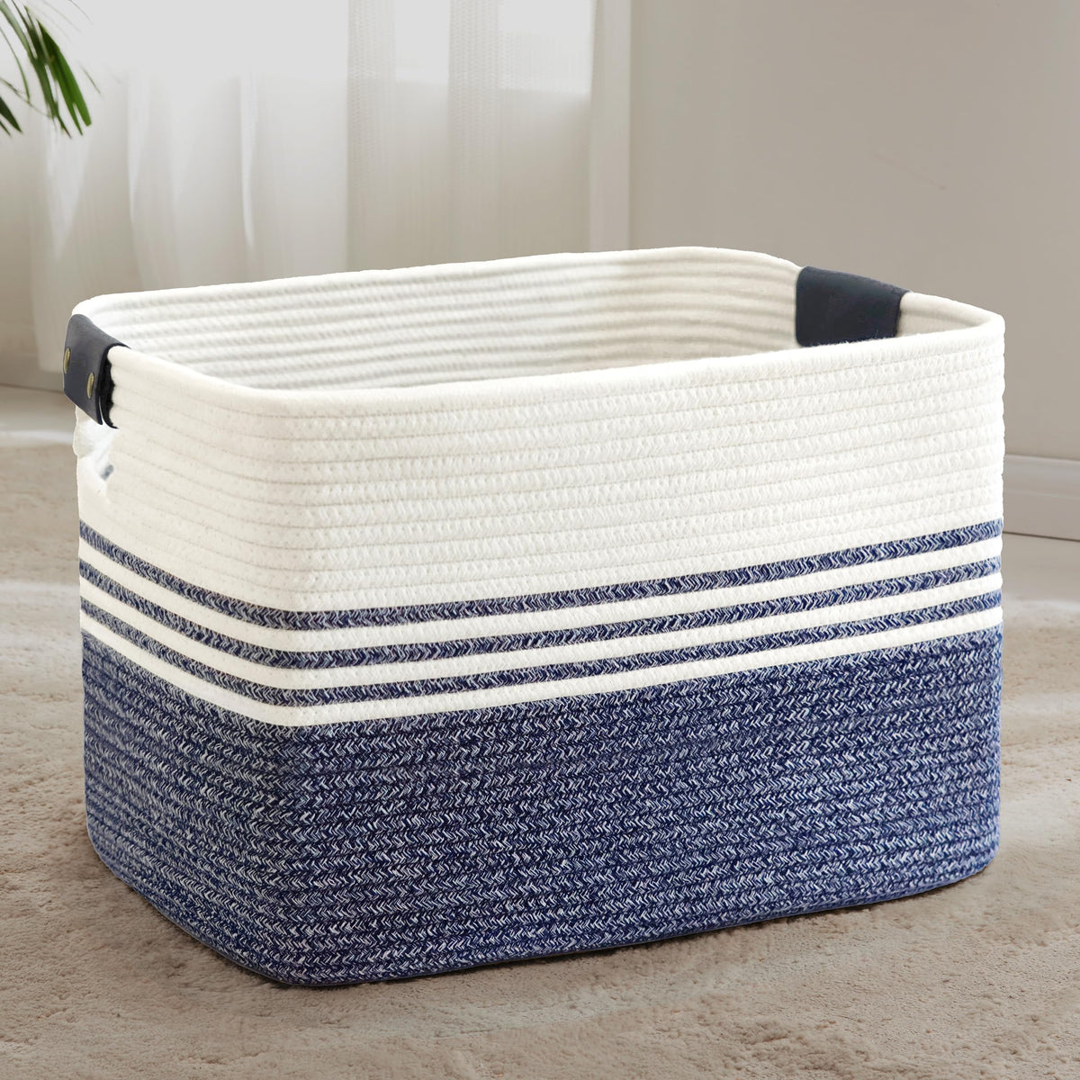 86L Woven Laundry Basket Hamper with Leather Handles