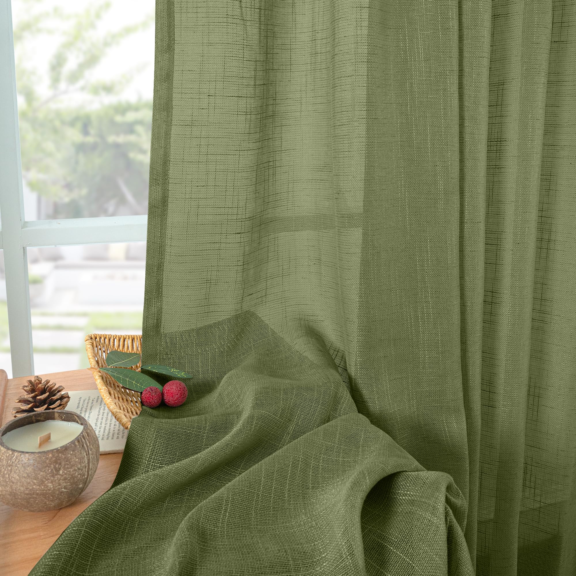 Olive Green Linen Curtains 45 Inch Length (2 Count)