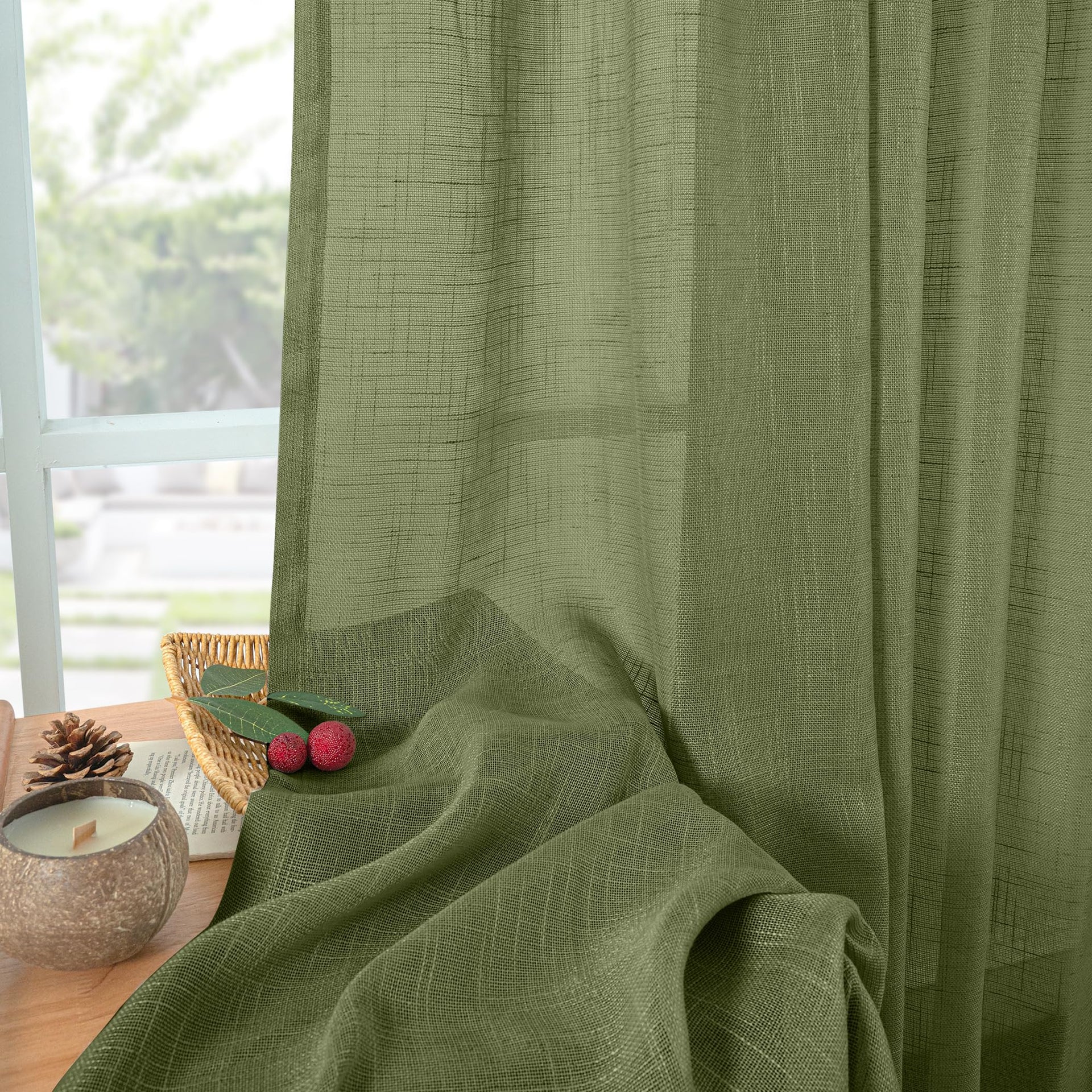 Olive Green Linen Kitchen Window Curtains 36 Inch Length (2 Count)