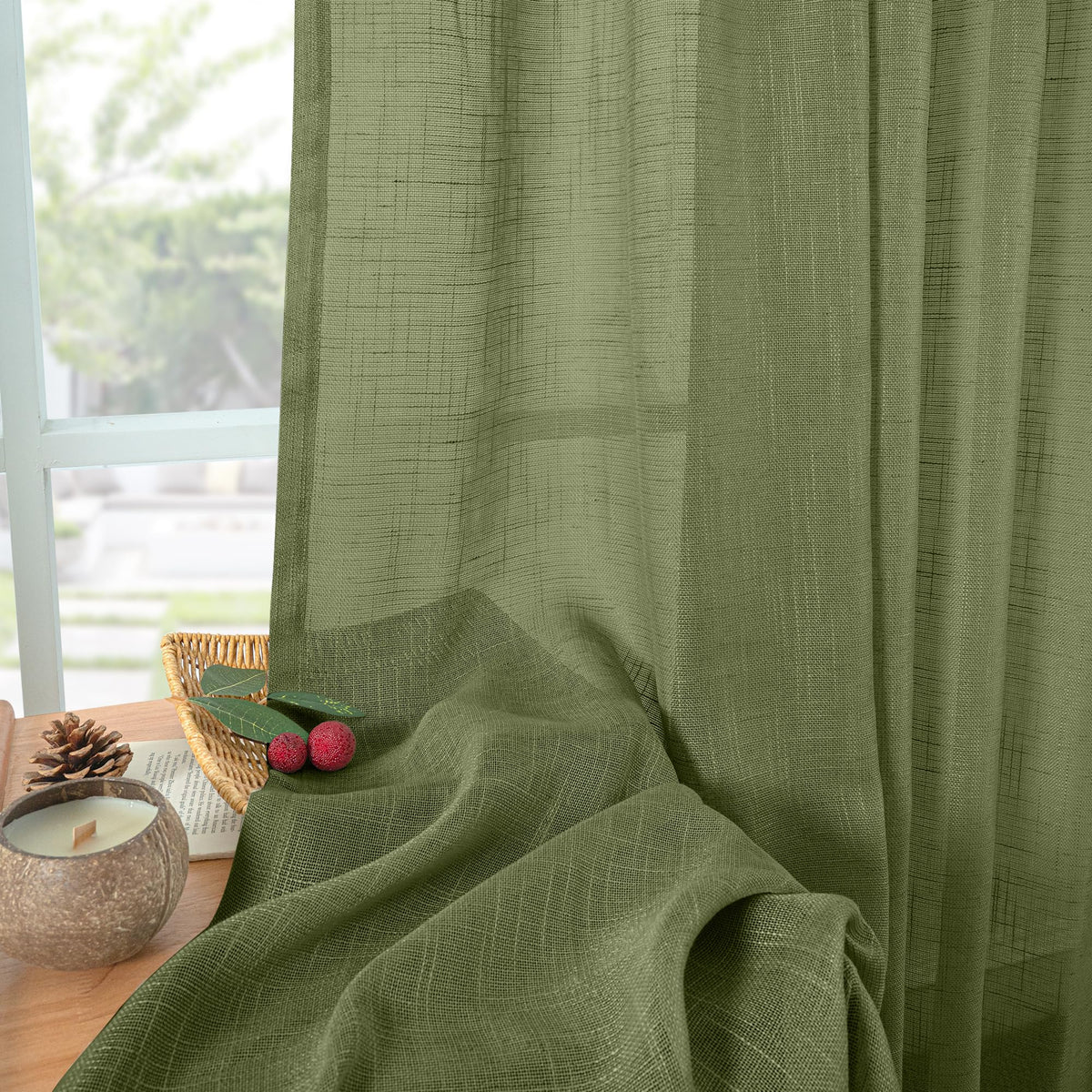 Olive Green Linen Curtains 40 Inch Length (2 Count)