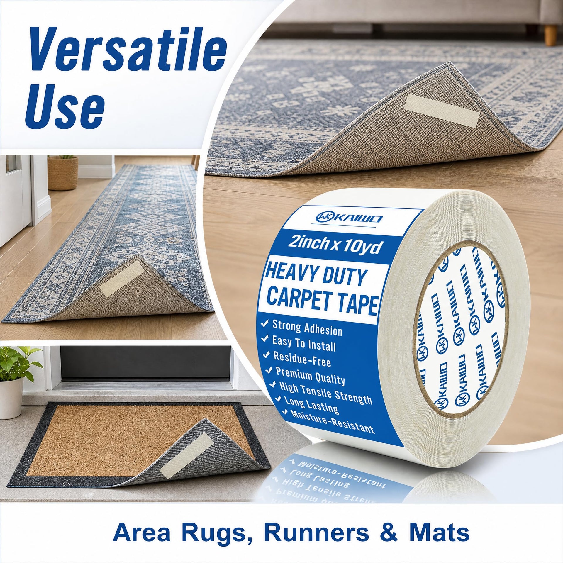 Heavy Duty Carpet Tape Double Sided 2 INx10YD Rug Tape for Area Rugs on Carpet (30 Foot)
