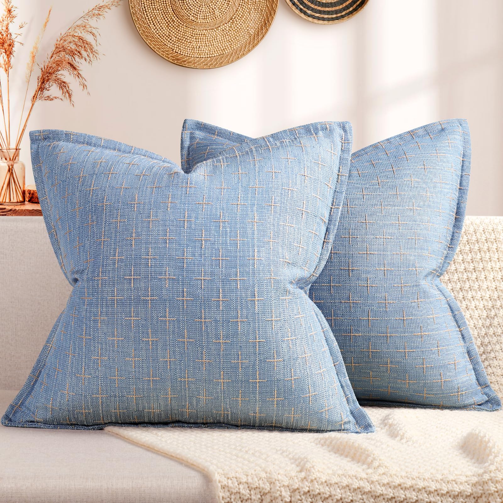 Pillow Covers 24x24 Set of 2 Soft Polyester Textured Pillow Covers with Stylish Flange Edge Cozy Farmhouse Throw Pillows for Couch Bed Sofa Living Room (2 Count)