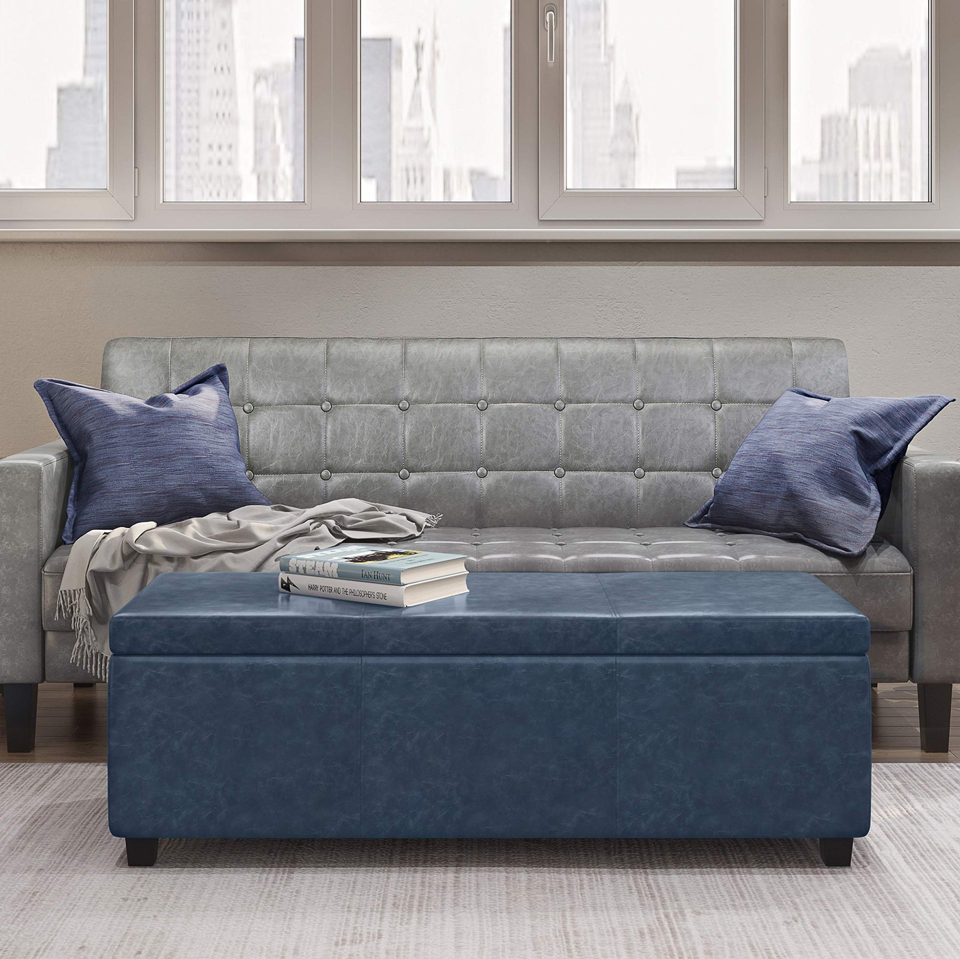 Avalon 48" Wide Vegan Leather Storage Ottoman in Denim Blue