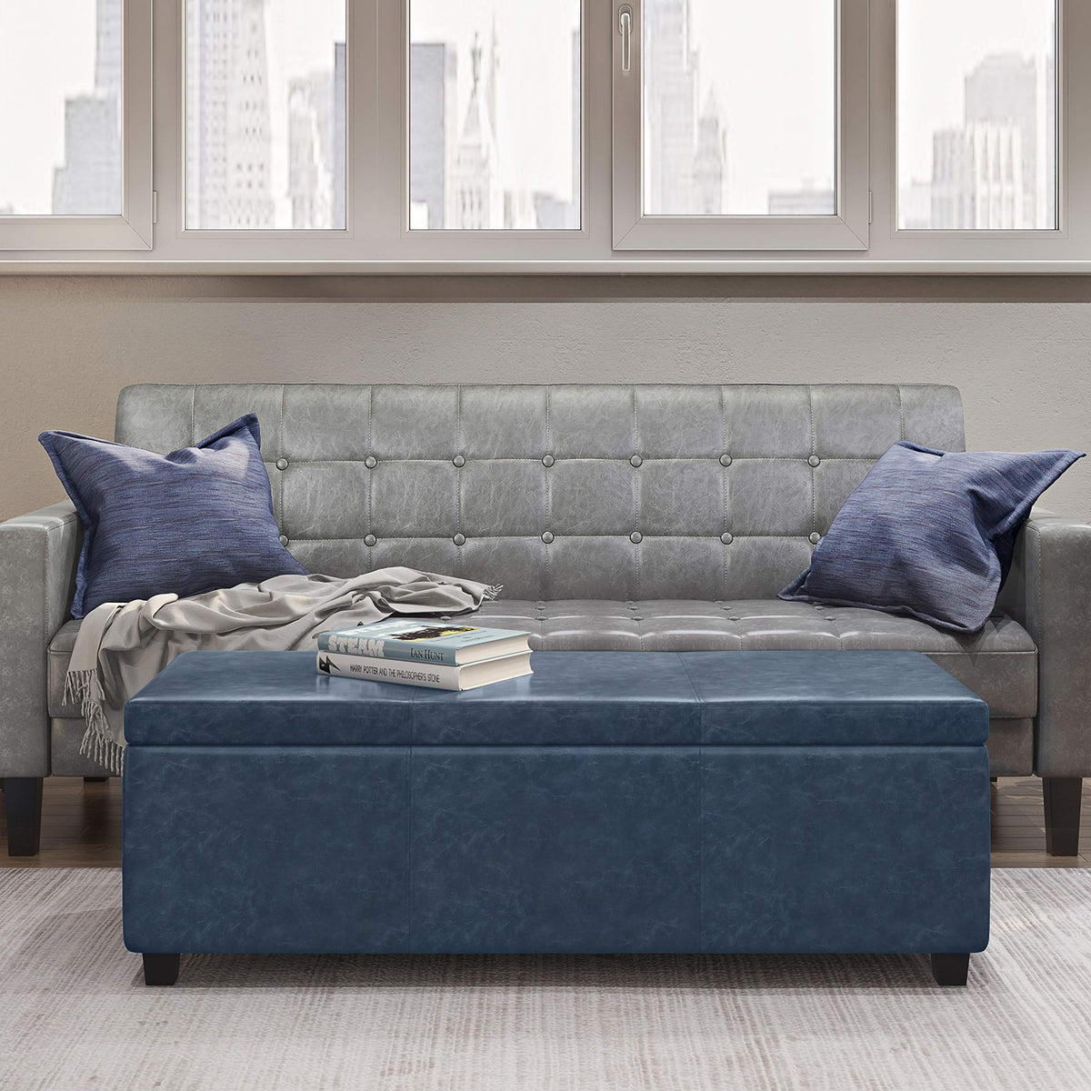Avalon 48" Wide Vegan Leather Storage Ottoman in Denim Blue