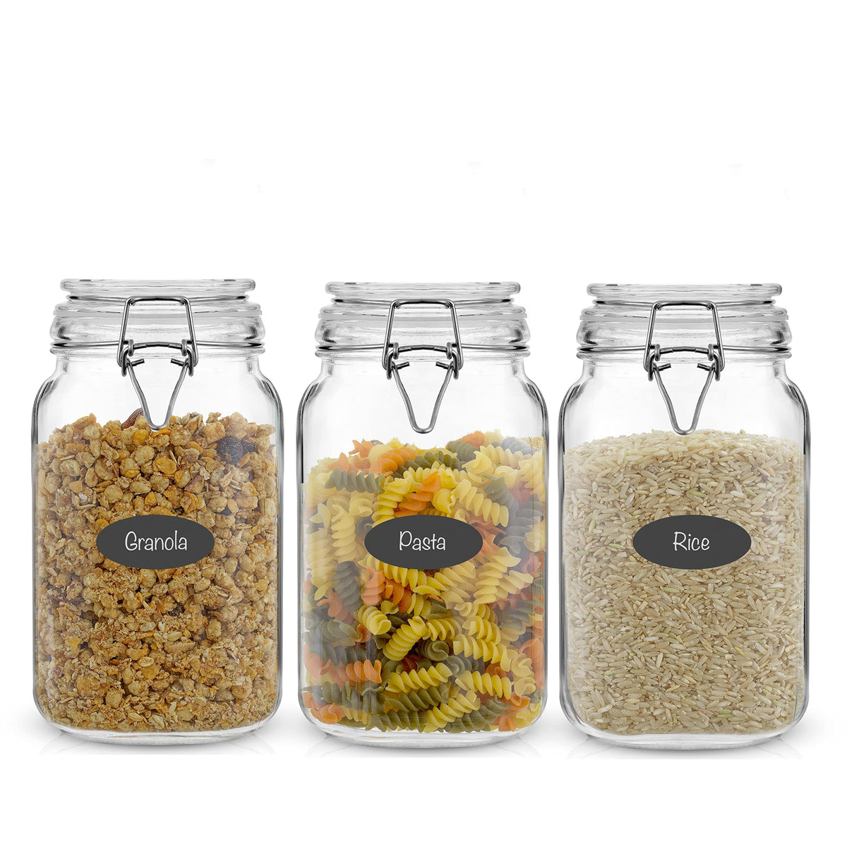 Airtight Glass Jars with Lids Set of 3. 50oz Glass Jar with Lid and 6 Silicone Seals! Med Glass Food Storage Containers. Square Mason Jar (3 Count)