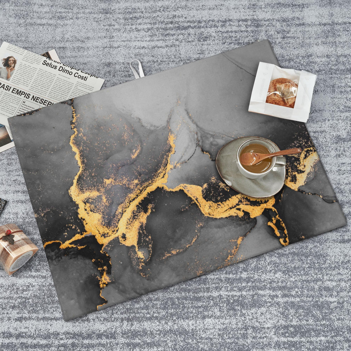 Black Gray Gold Marble Kitchen Drying Mat Abstract Modern 18x24 Inch