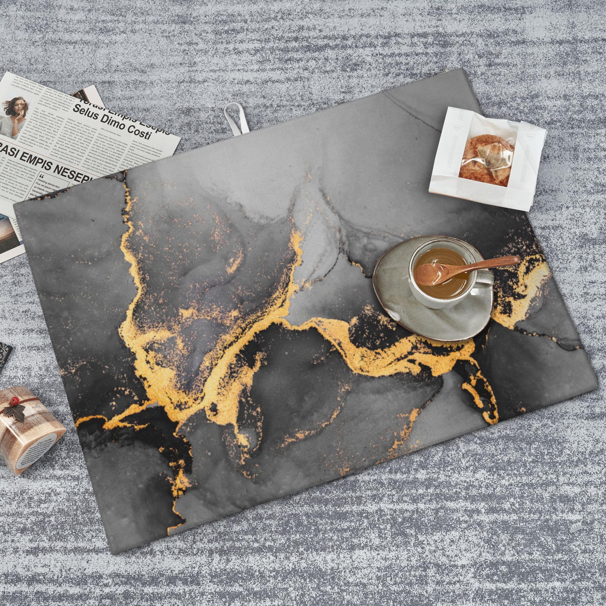 Black Gray Gold Marble Kitchen Drying Mat Abstract Modern 18x24 Inch