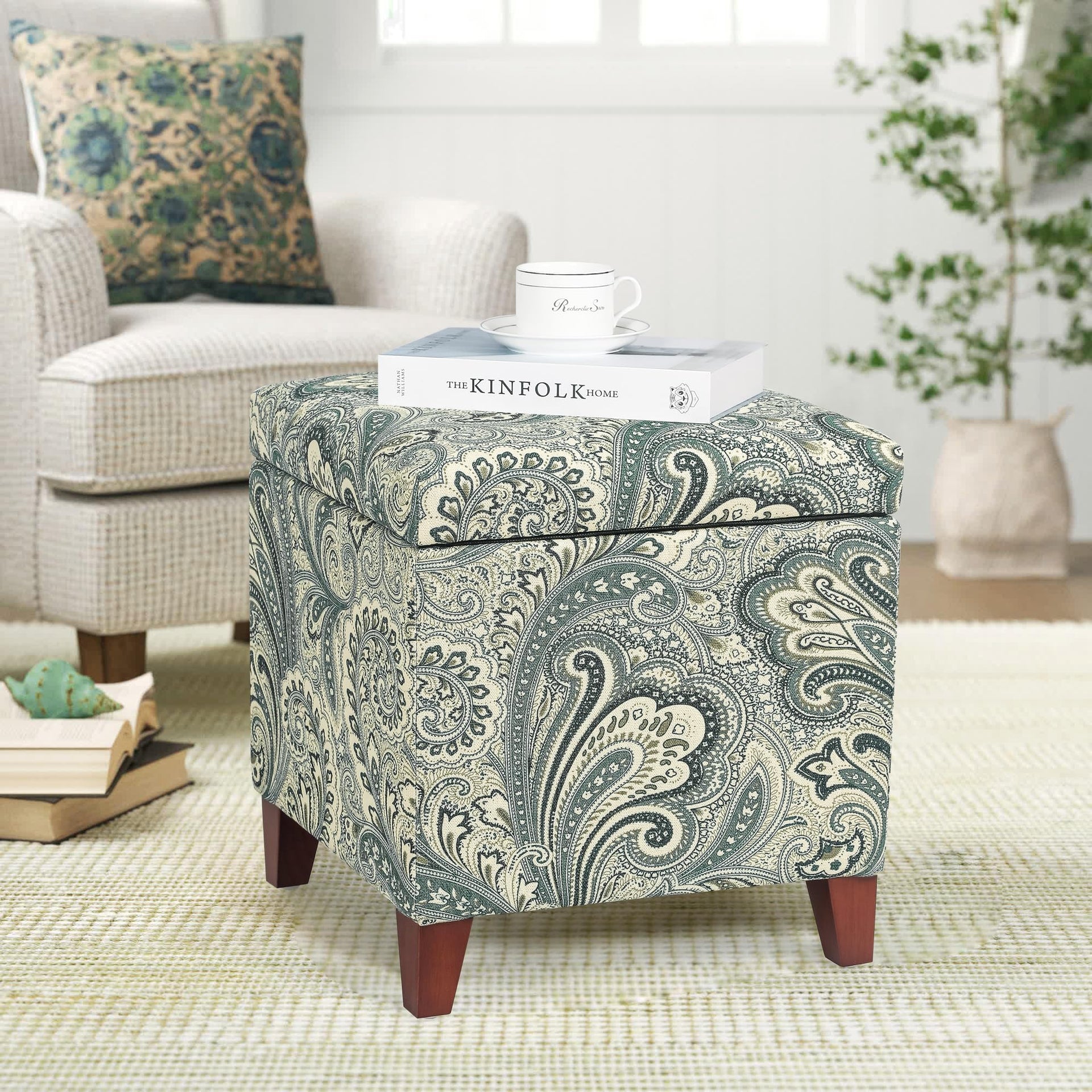 18" Cube Storage Ottoman in Blue Paisley