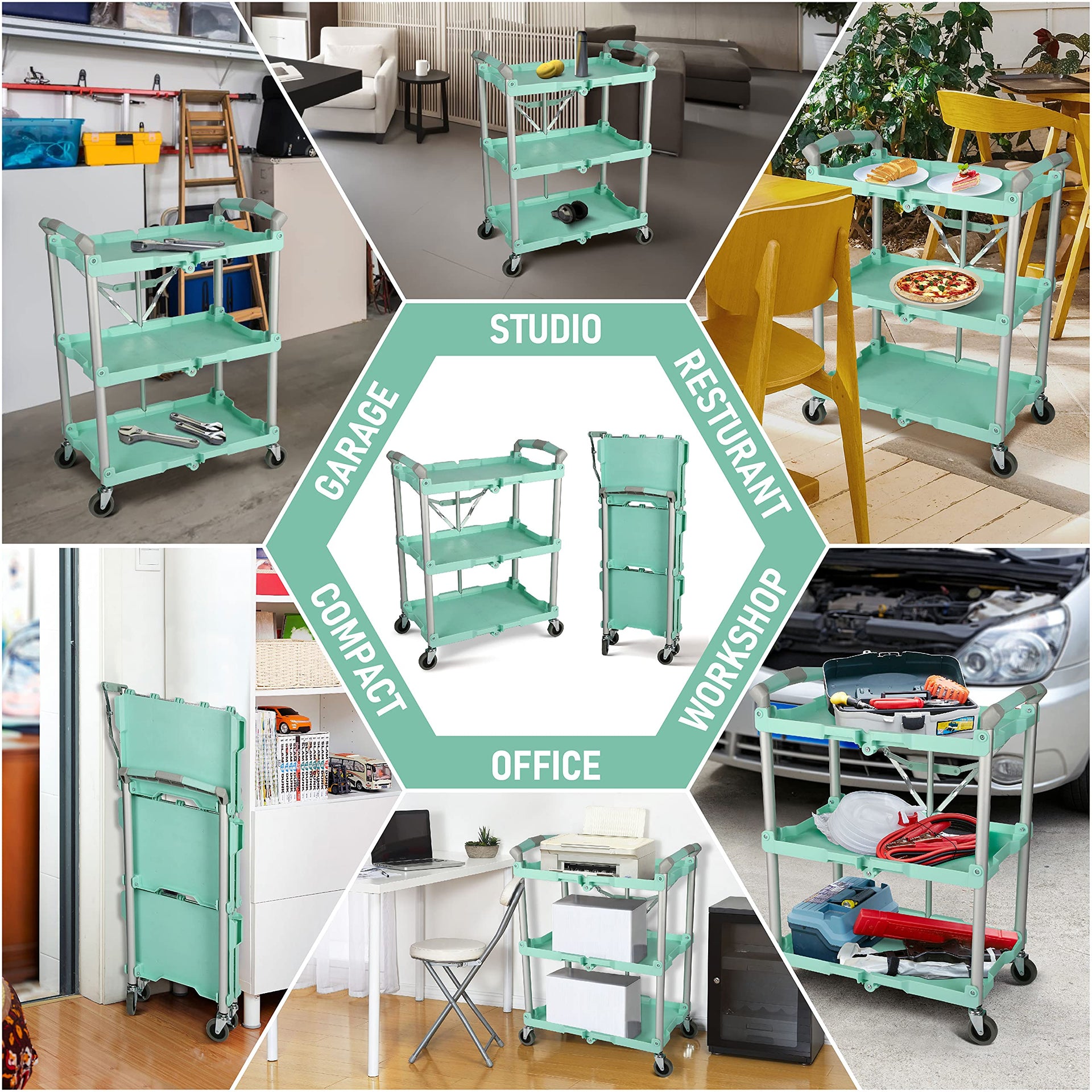 89-349 Pack-N-Roll Folding Collapsible Service Cart, 150LB Capacity, Teal