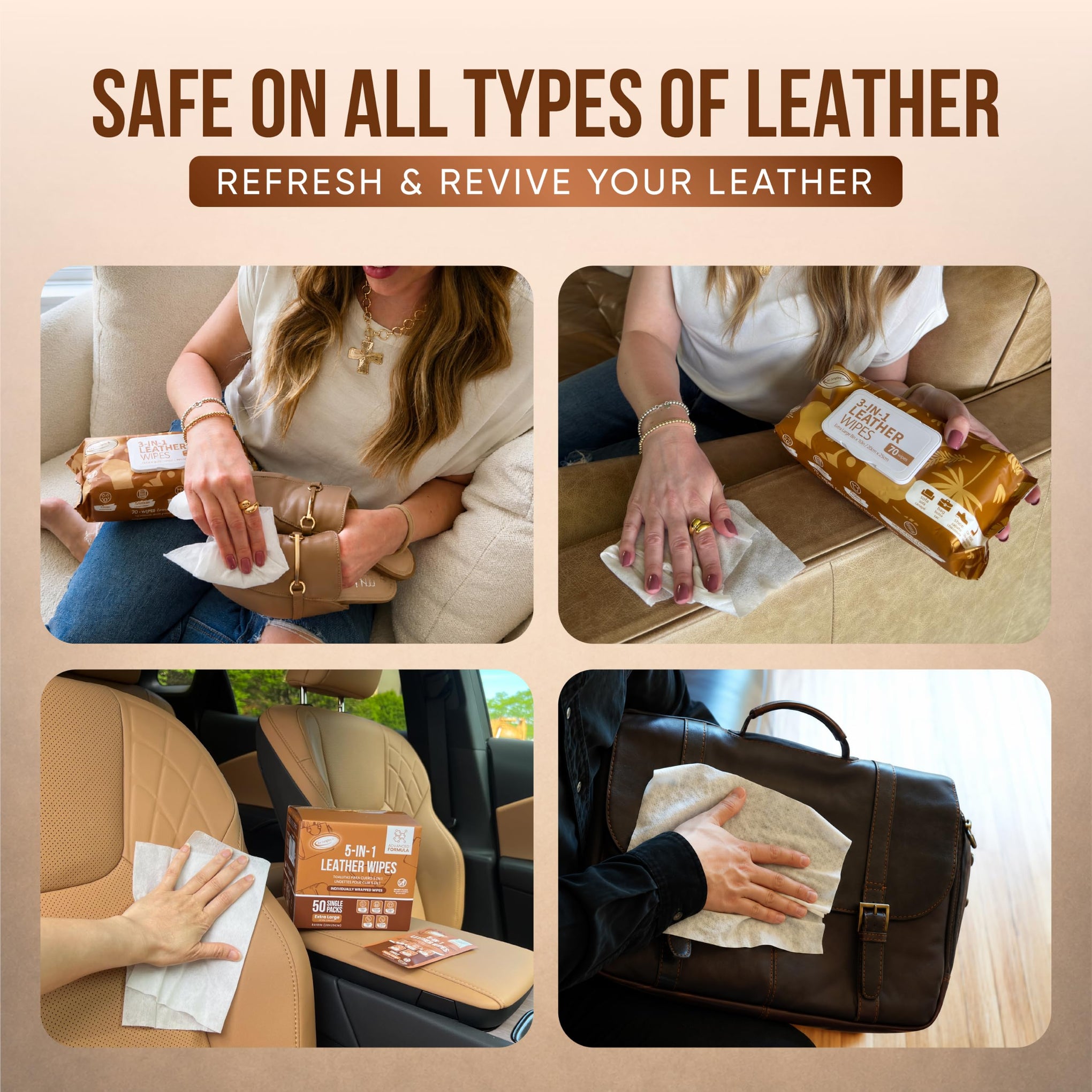 Leather Wipes 70 Ct + 5 of UV Protect Single Pack (75 Count)