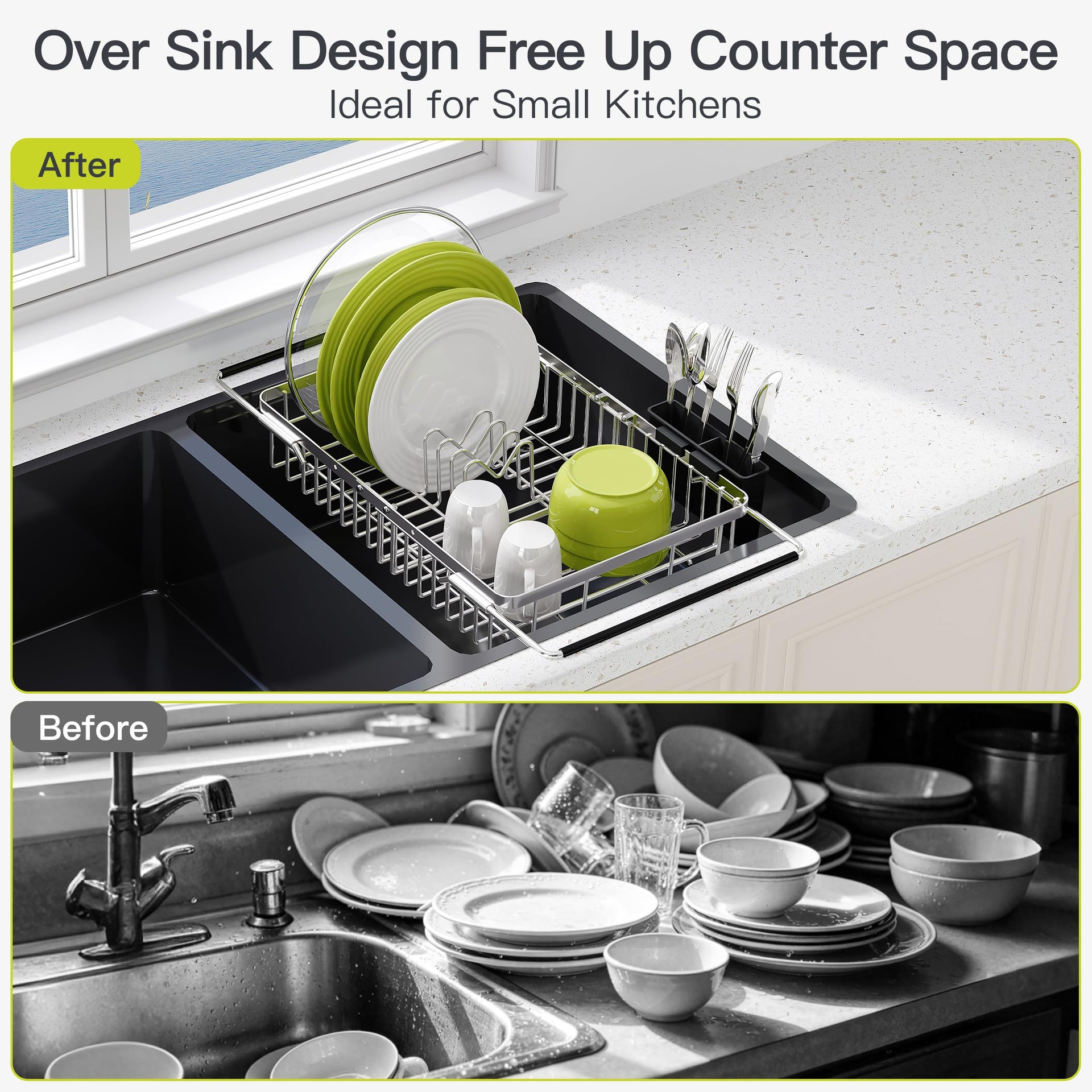 Expandable Dish Drying Rack Over the Sink with Utensil Holder
