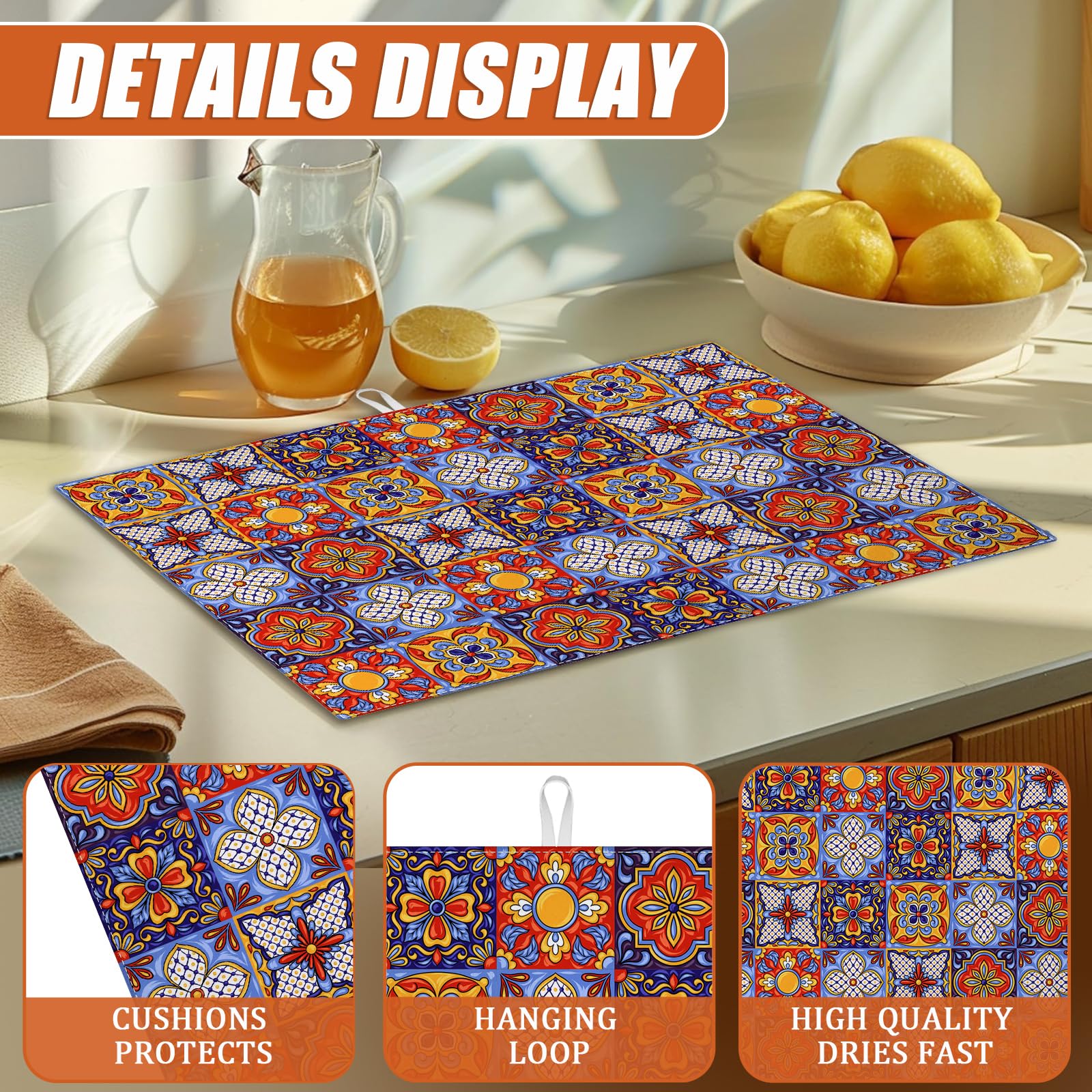Talavera Mexican Tiles Dish Drying Mat for Kitchen Counter Microfiber Absorbent Dish Kitchen Drying Mat Draining Reusable Washable for Dishes