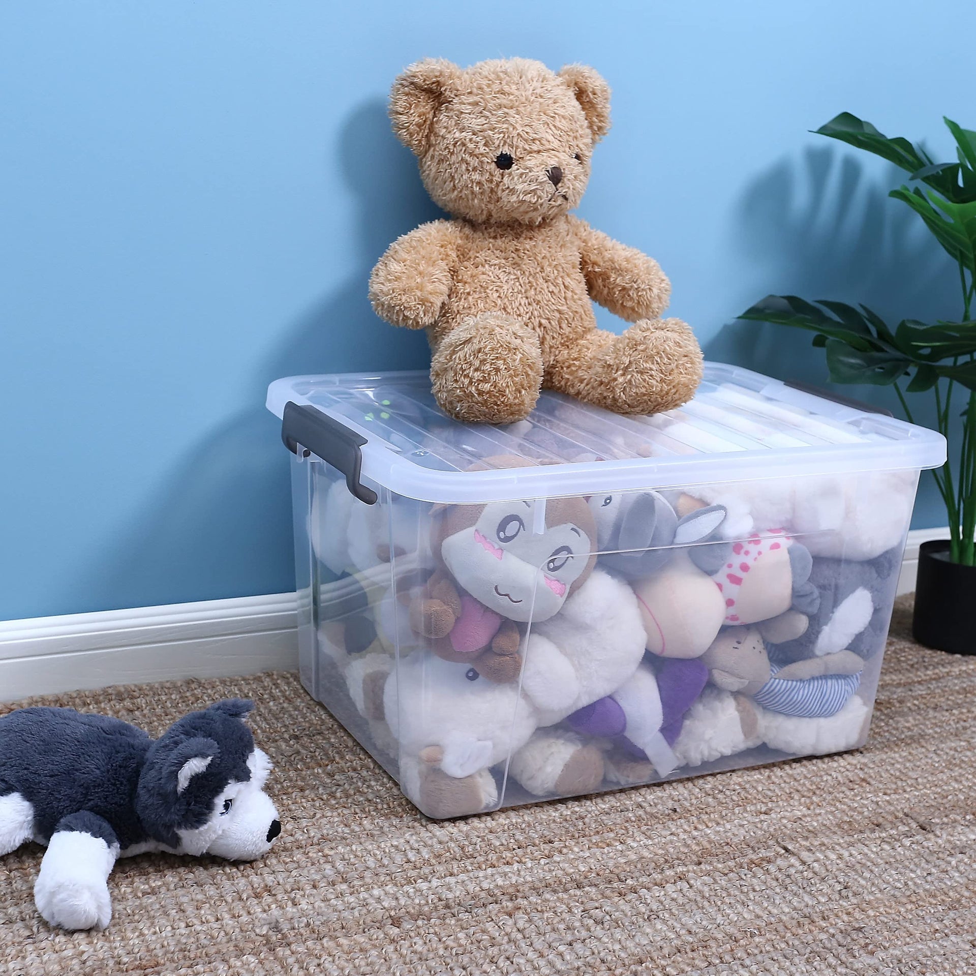 44.4 QT Plastic Storage Bins with Latching Lids Stackable Storage Containers for Organizing Large Clear Storage Box for Garage (4 Count)