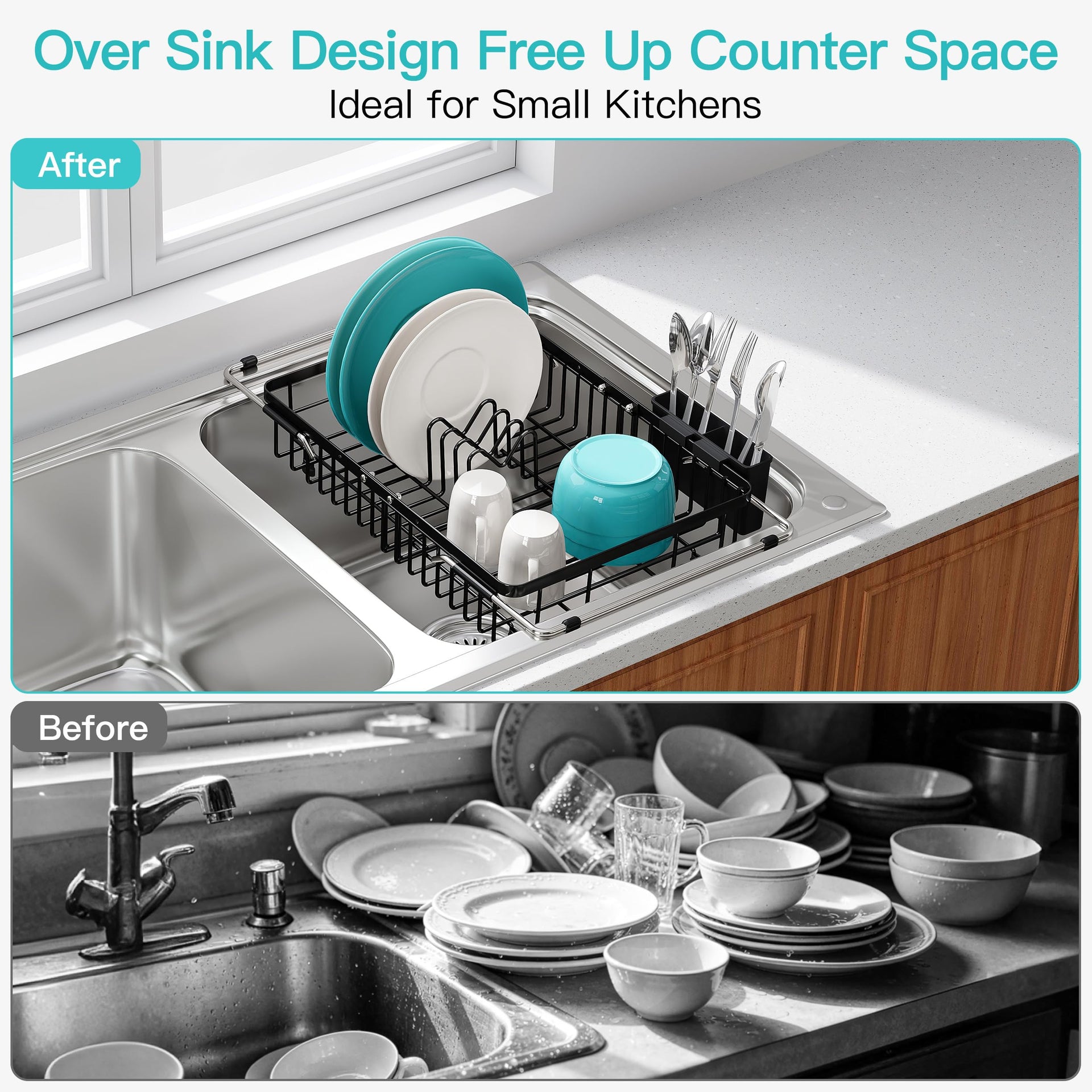 Black Dish Drying Rack Over the Sink with Utensil Holder