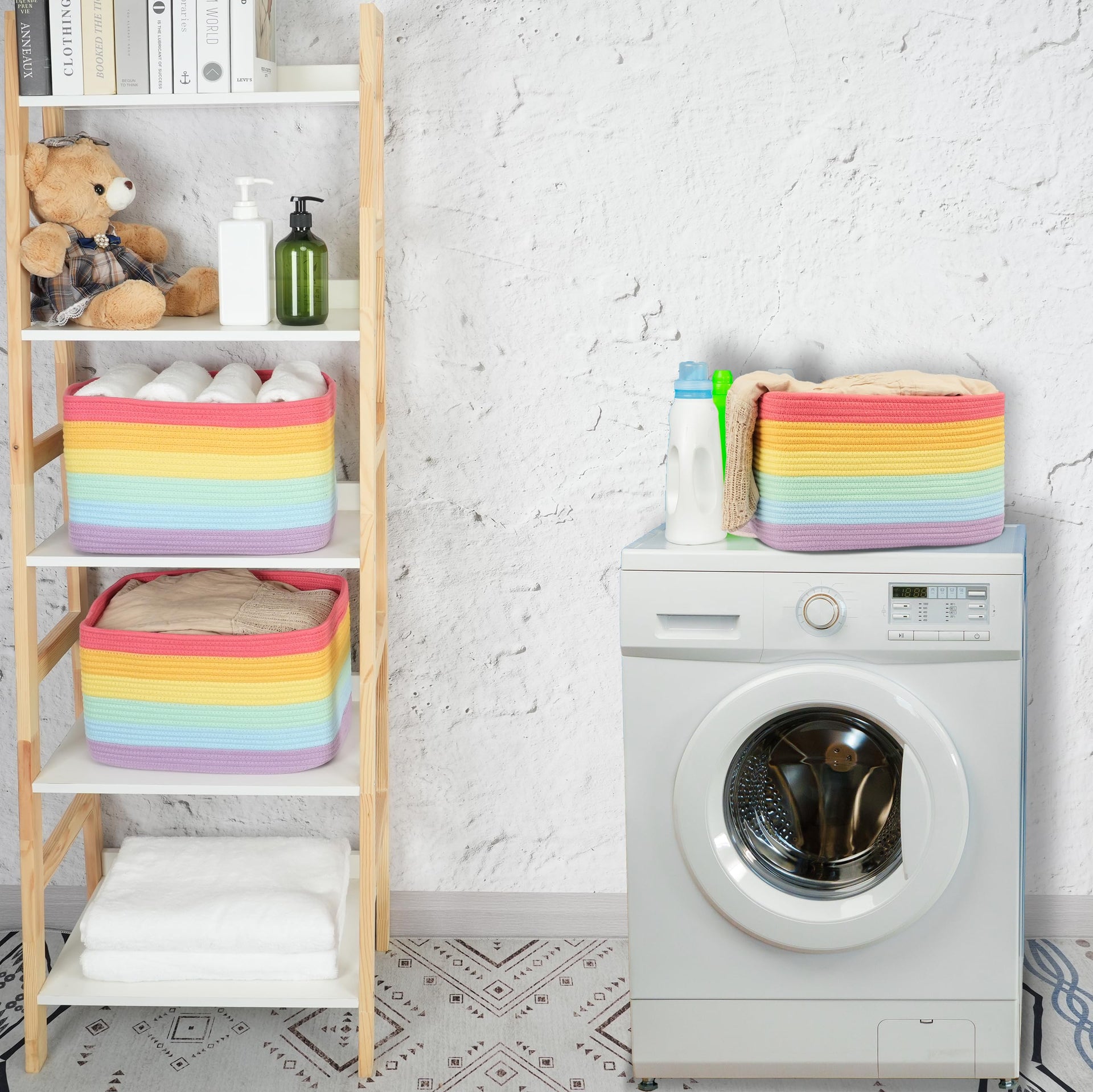 Woven Cotton Rope Storage Baskets 15x10x9.3" 3 Pack Rainbow