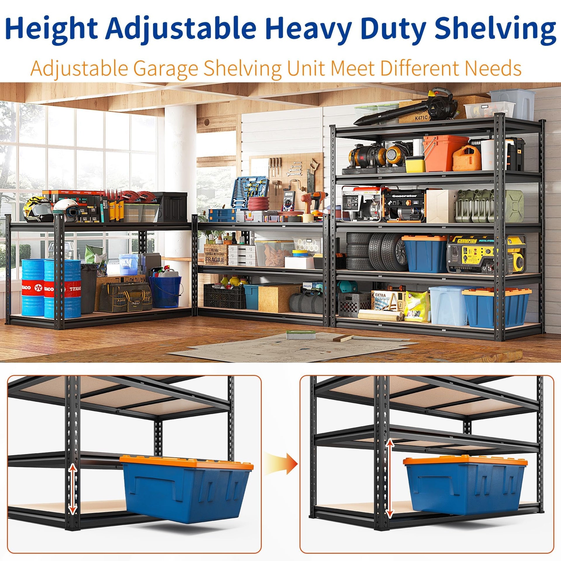 48" W Garage Shelving 3000LBS Storage Shelves 5 Tier Industrial Shelving Adjustable Metal Storage Shelves for Garage (2 Count)