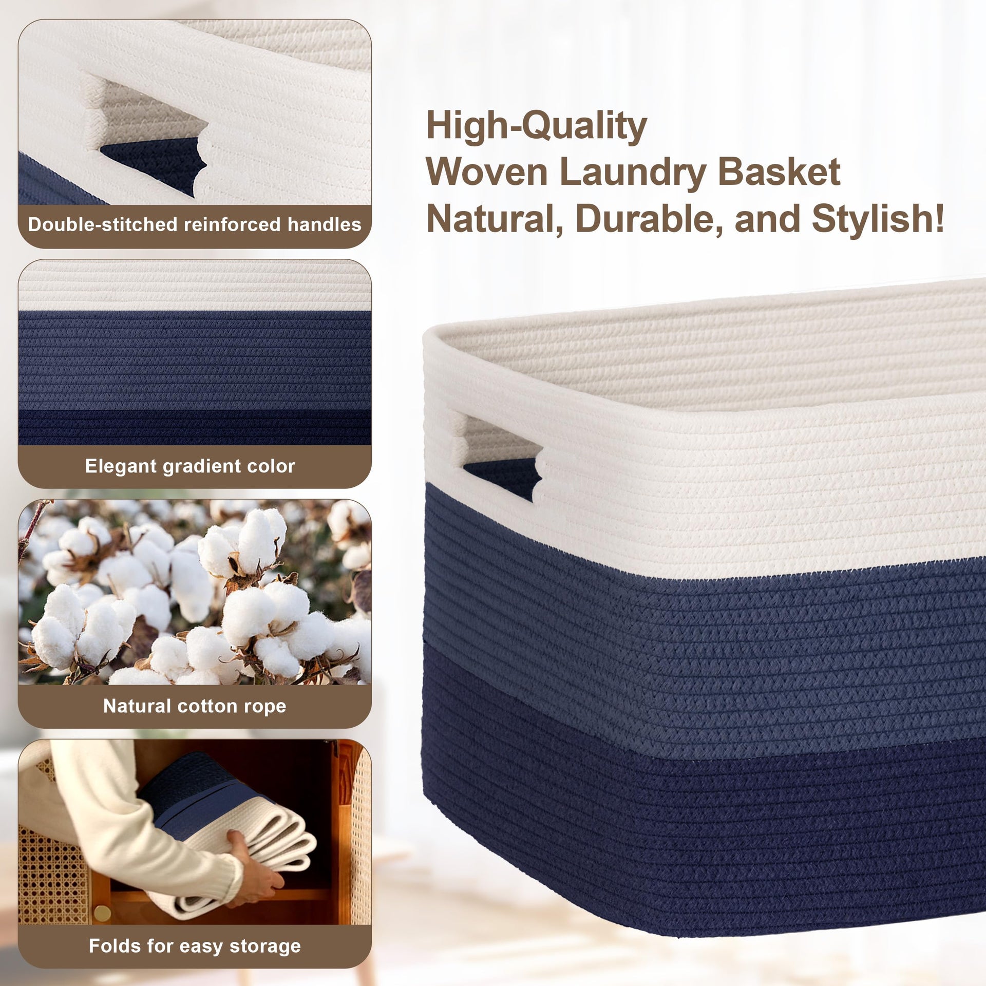 45L Small Woven Laundry Basket Hamper with Handles