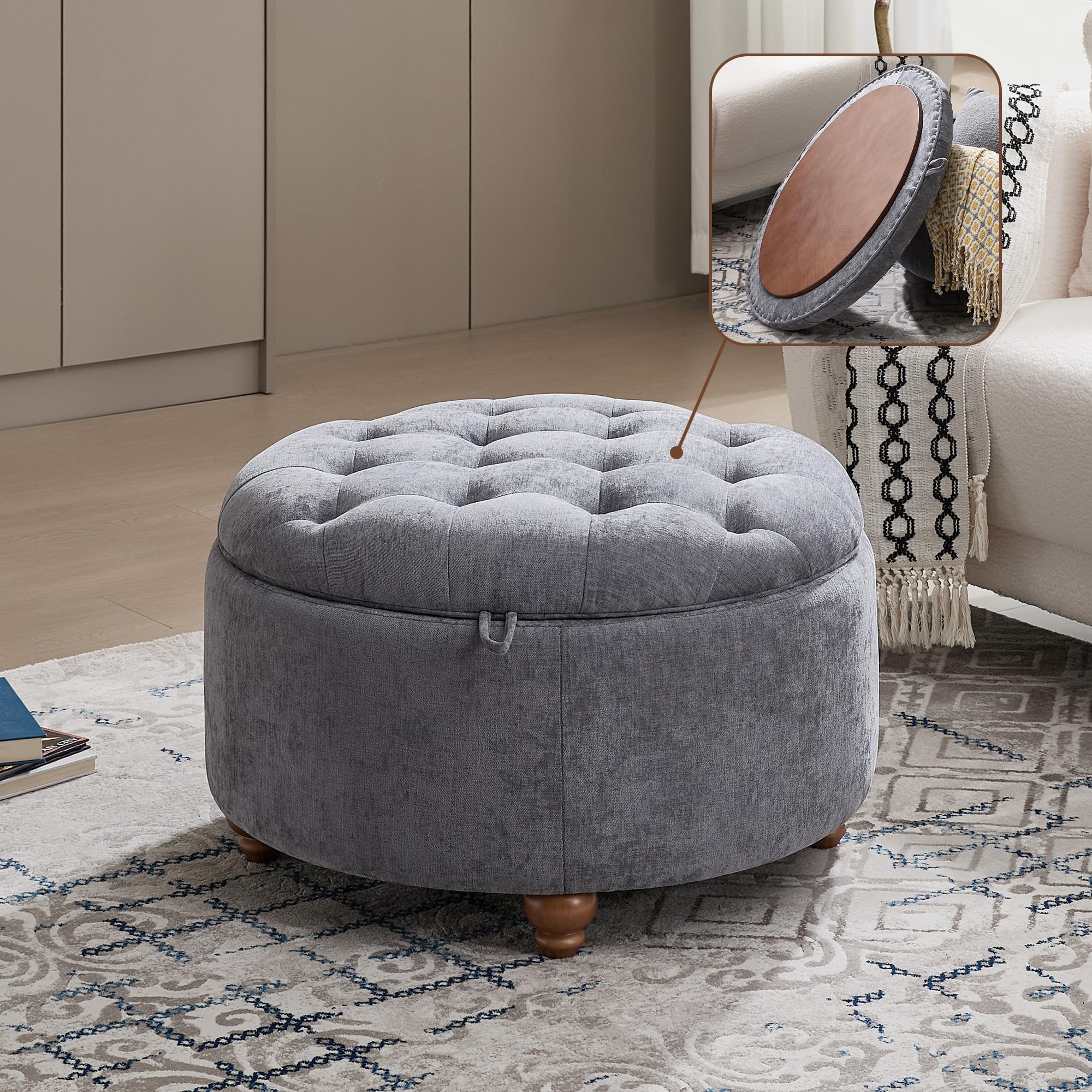 30Inch Round Storage Ottoman with Tray