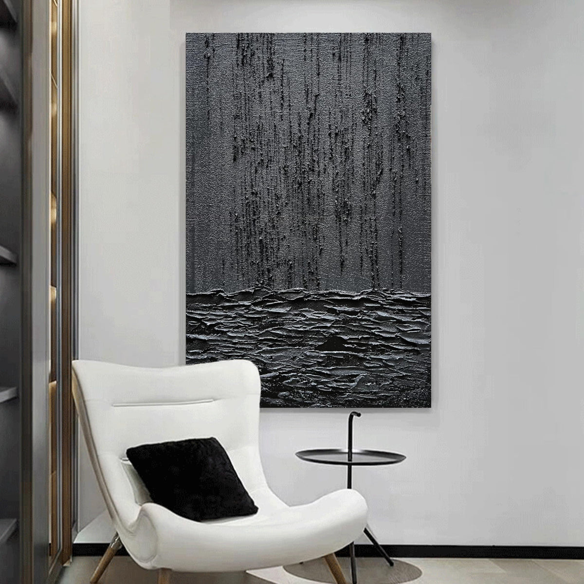 Art Hand Painted Thick Texture Black Minimalist Oil Painting 45x30 Inch Wall Decorative Art
