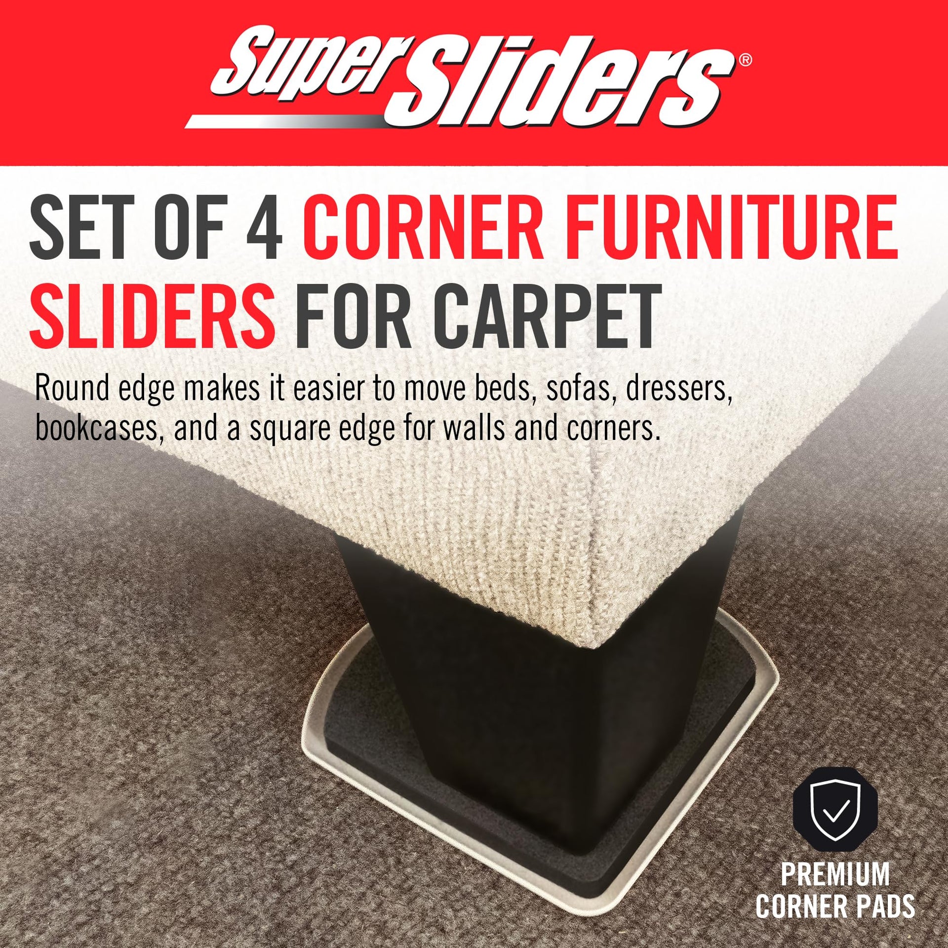 5" Slide & Hide Corner Reusable Furniture Sliders for Carpet (4 Count)