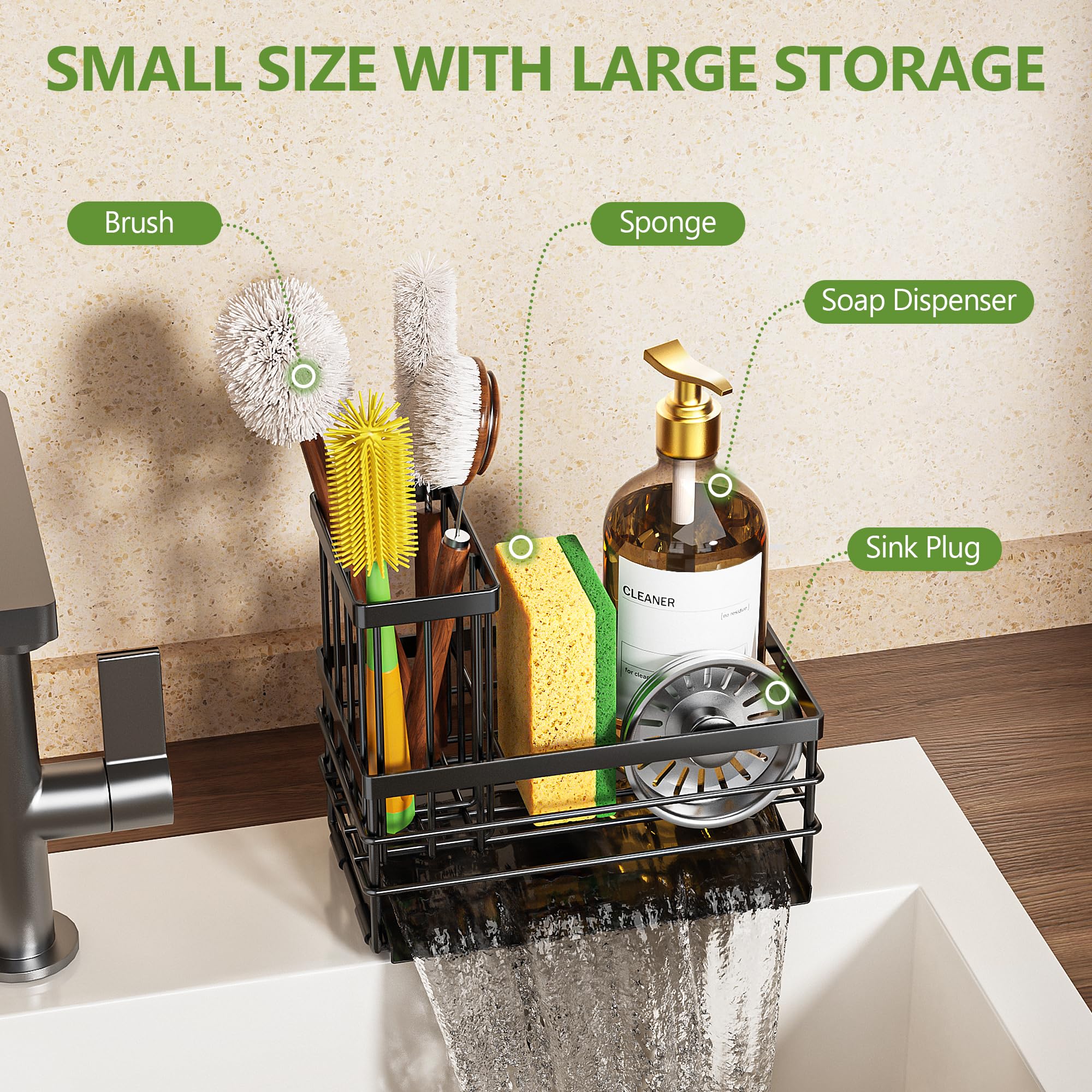 Sink Caddy Sponge Holder for Kitchen with Brush Holder and Stainless Steel Self Drain Tray