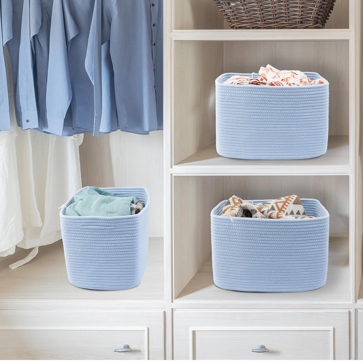 Woven Cotton Rope Storage Baskets 15x10x9.3" 3 Pack Light Blue