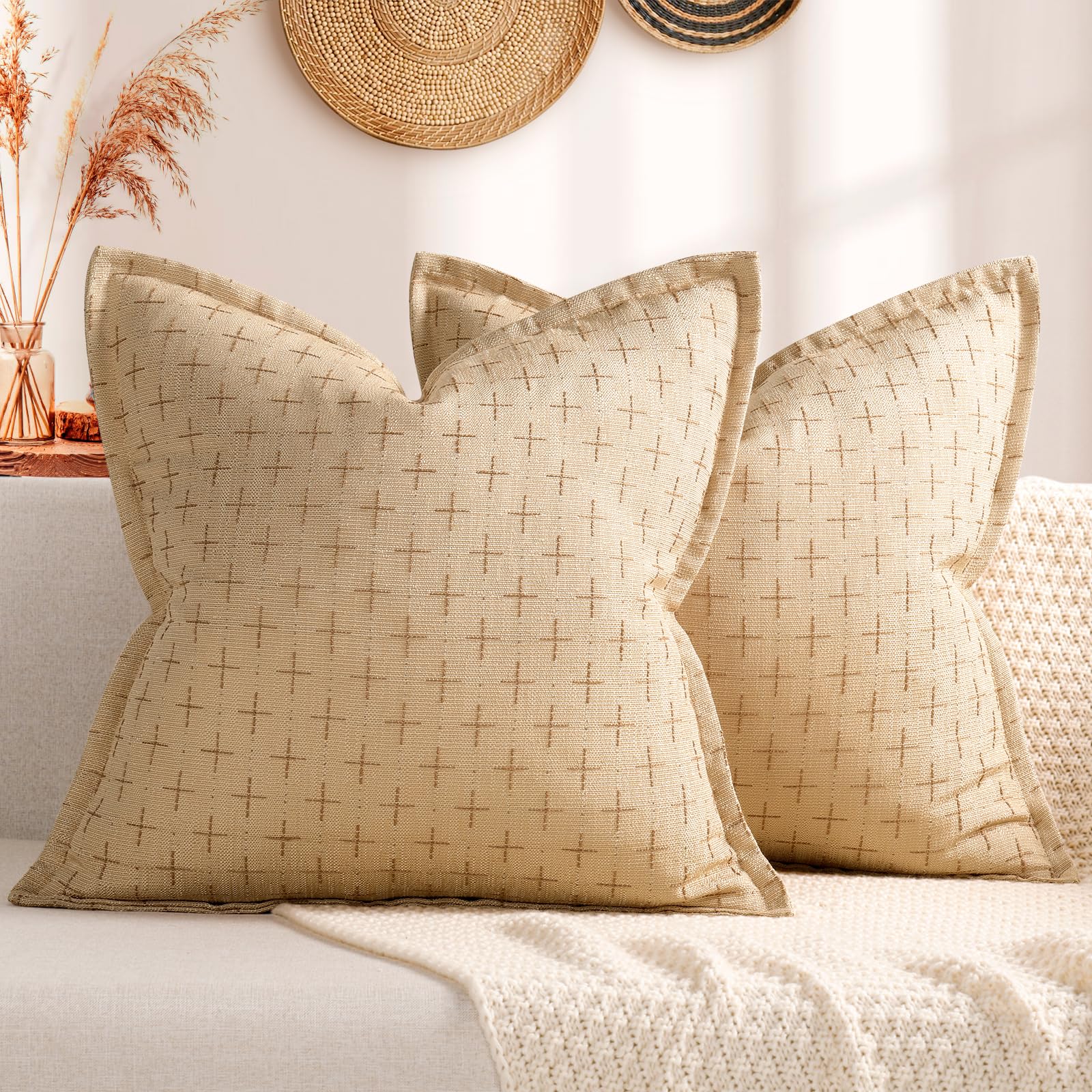 Pillow Covers 16x16 Set of 2 Soft Polyester Textured Pillow Covers with Stylish Flange Edge Cozy Farmhouse Throw Pillows for Couch Bed Sofa Living Room (2 Count)