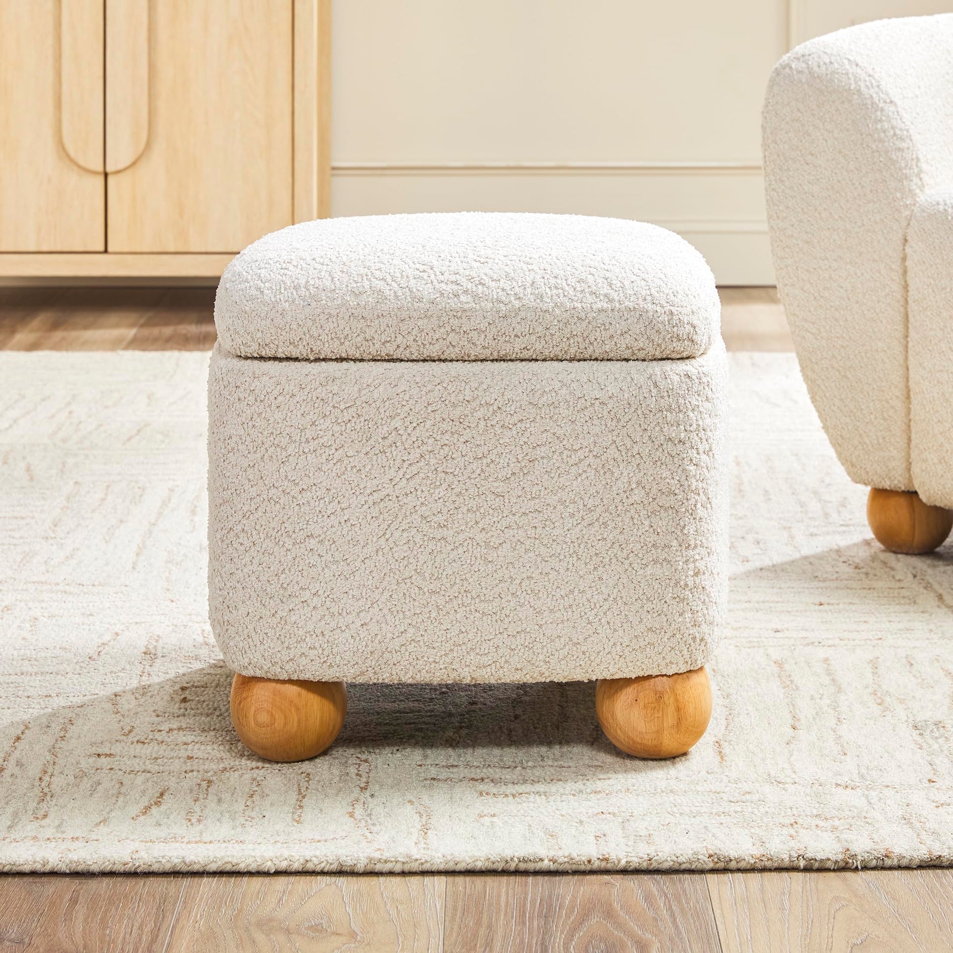 Linley Contemporary Small Storage Bouclé Ottoman with Wood Legs