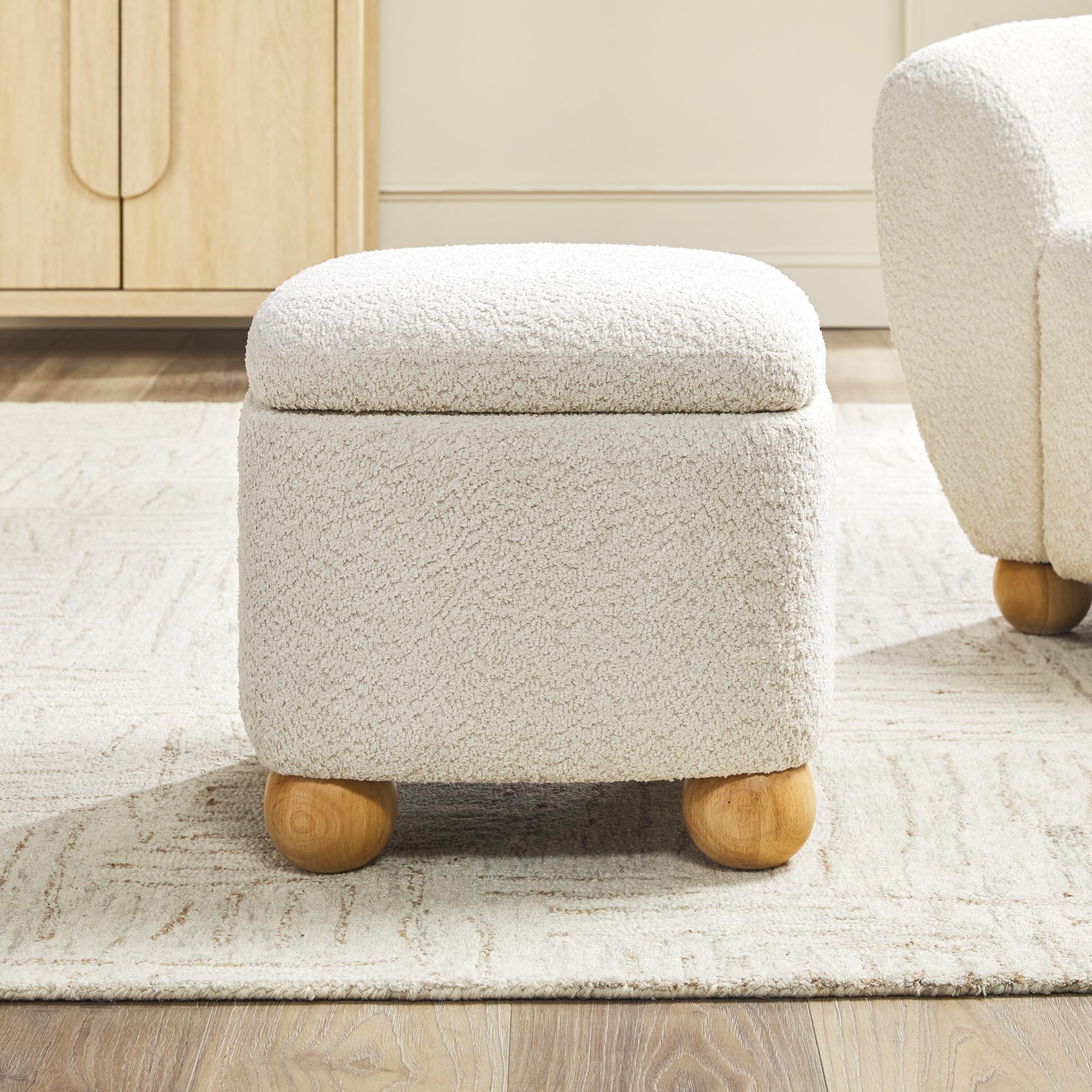 Linley Contemporary Small Storage Bouclé Ottoman with Wood Legs