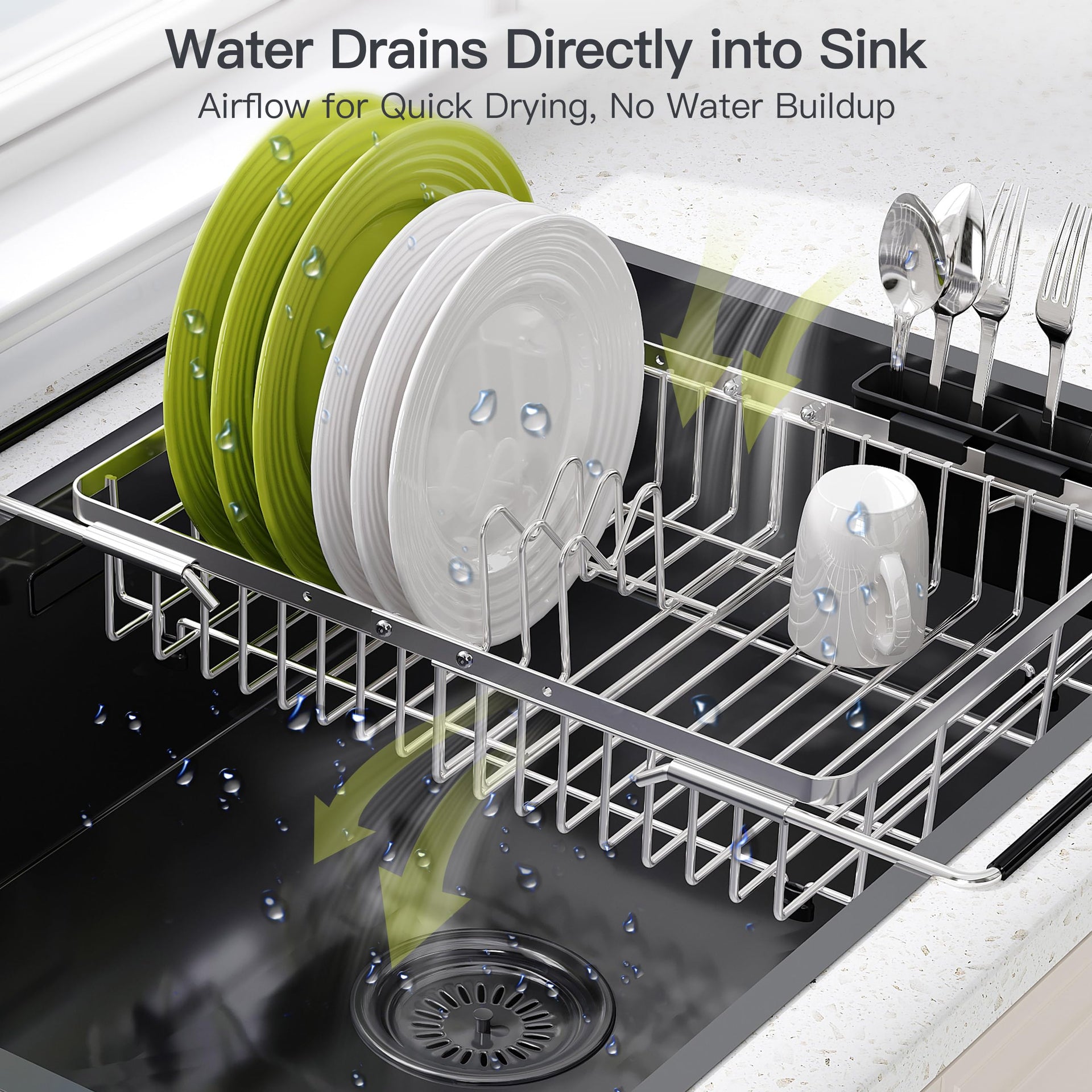 Expandable Dish Drying Rack Over the Sink with Utensil Holder