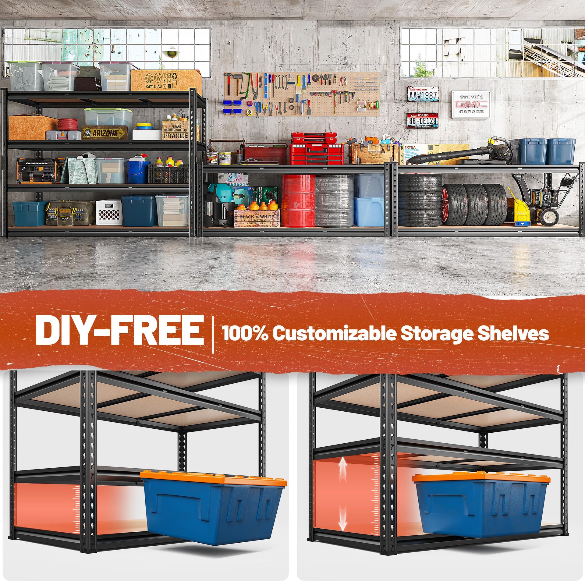 48" W Garage Shelving Heavy Duty 2550 LBS Storage Shelves 4 Tier Heavy Duty Shelving