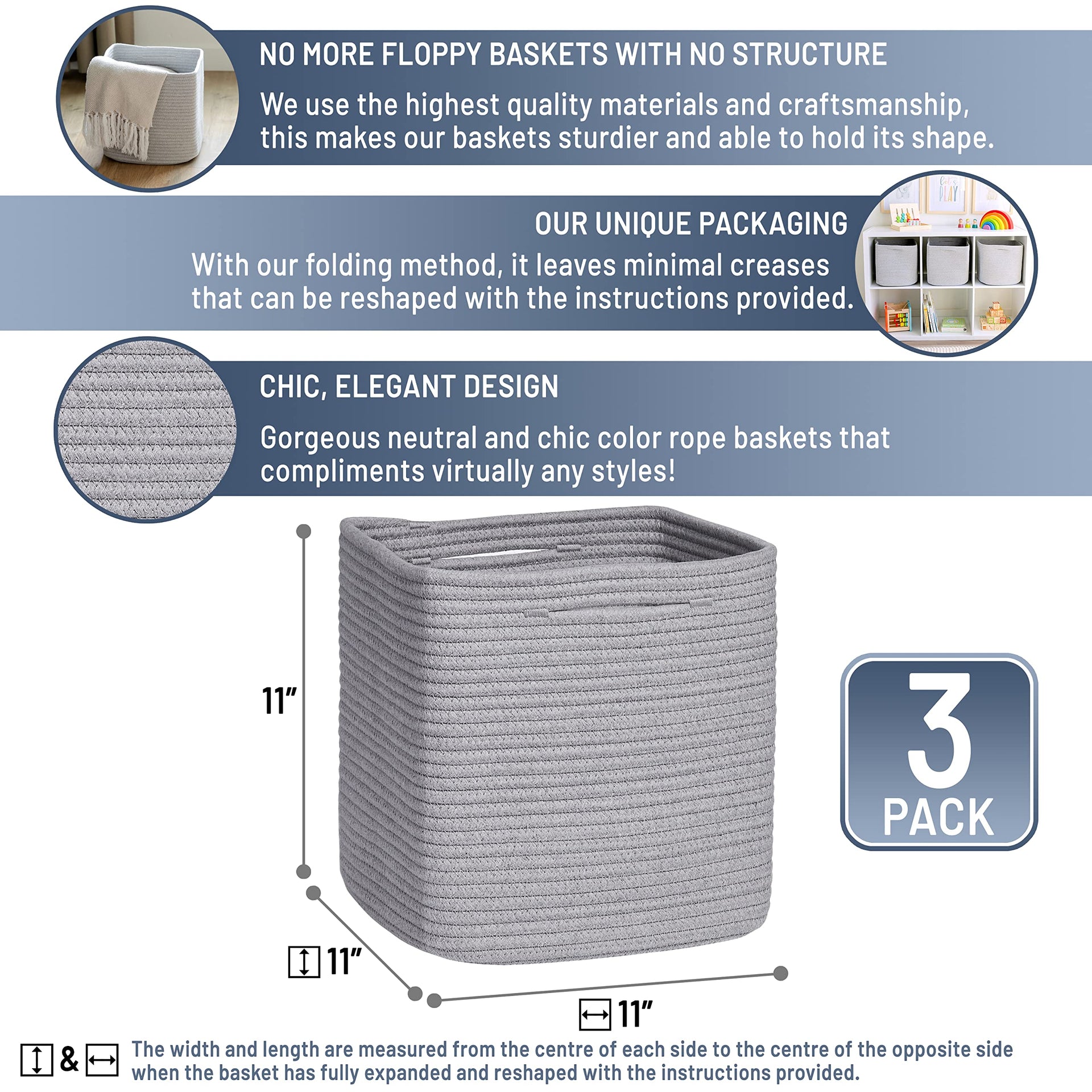 Storage Cubes 11 Inch Cotton Rope Woven Baskets for Organizing (3 Count)