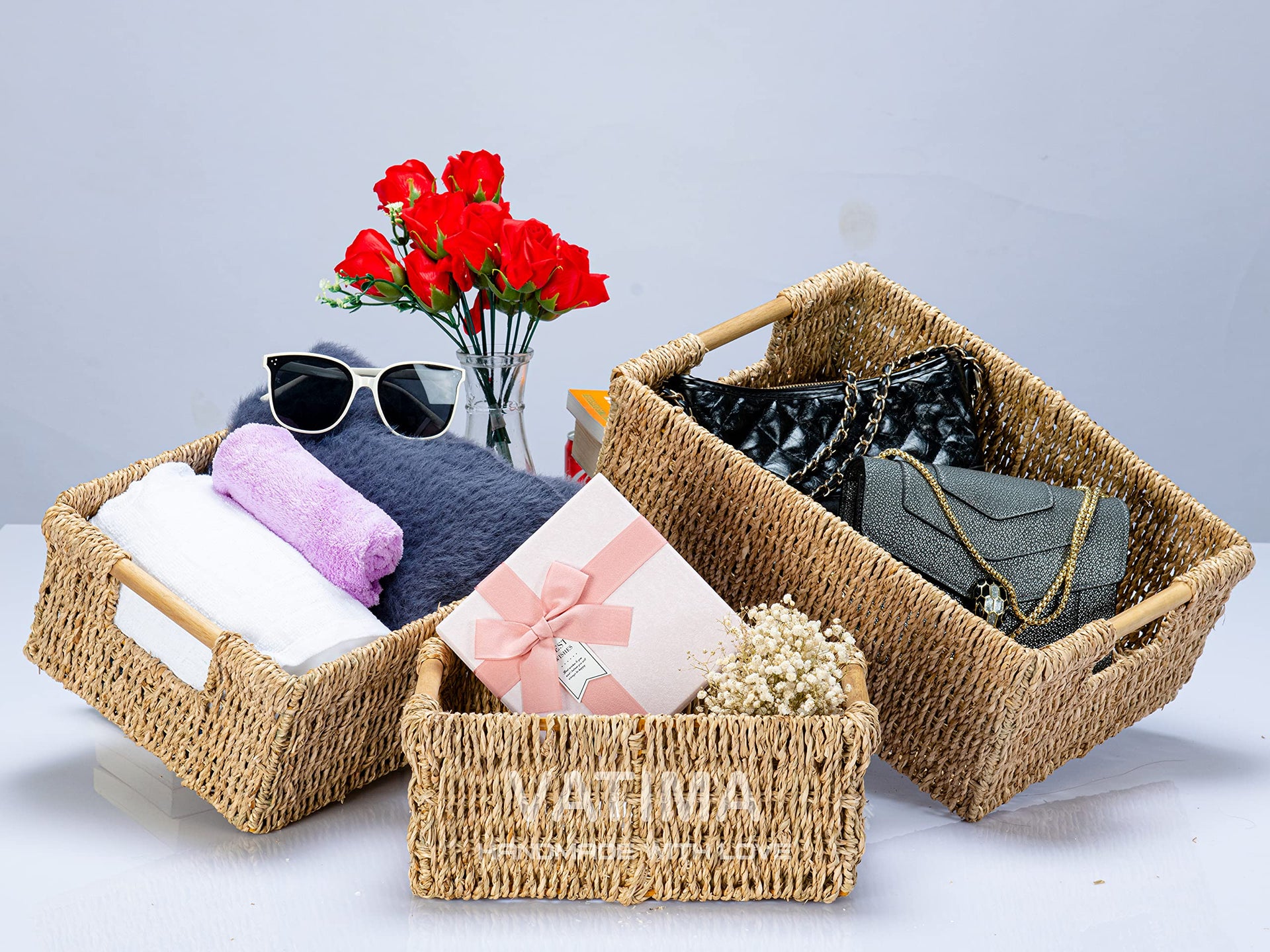 Seagrass Baskets with Wooden Handles (3 Count)
