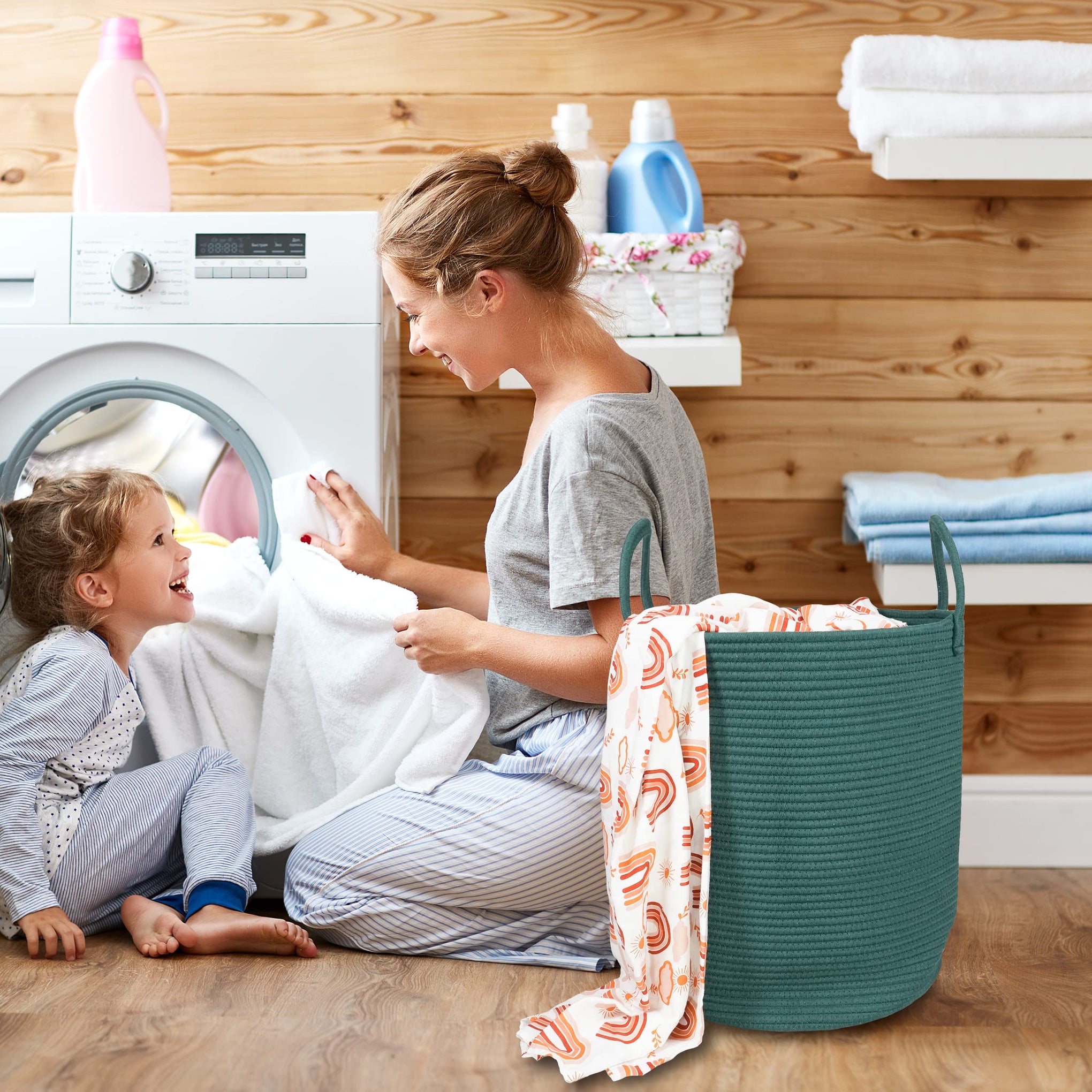 Cotton Rope Laundry Basket Hamper for Clothes Large Dark Green