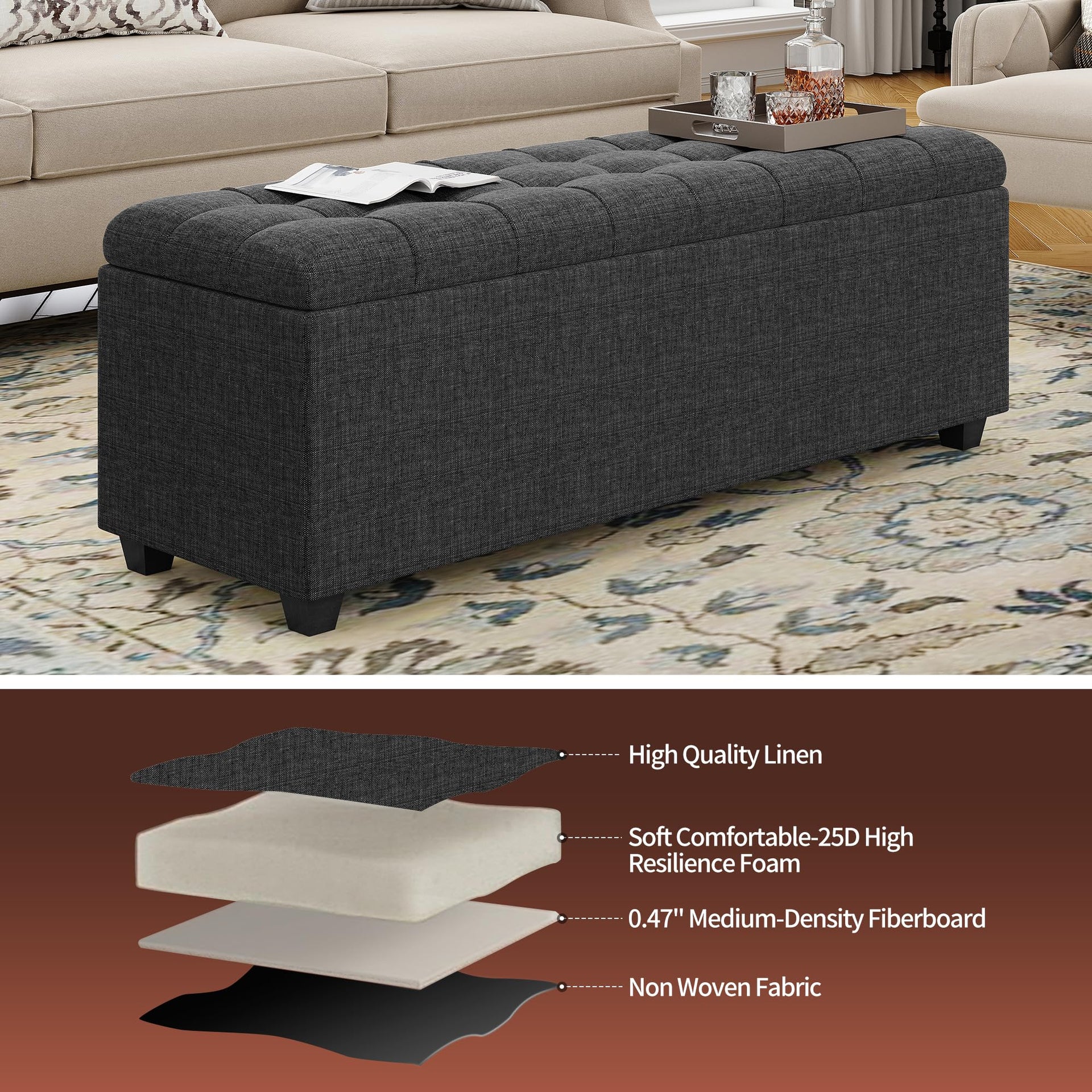 Soft Dark Grey 38" Large Storage Ottoman Bench with Hinged Lid and Footrest