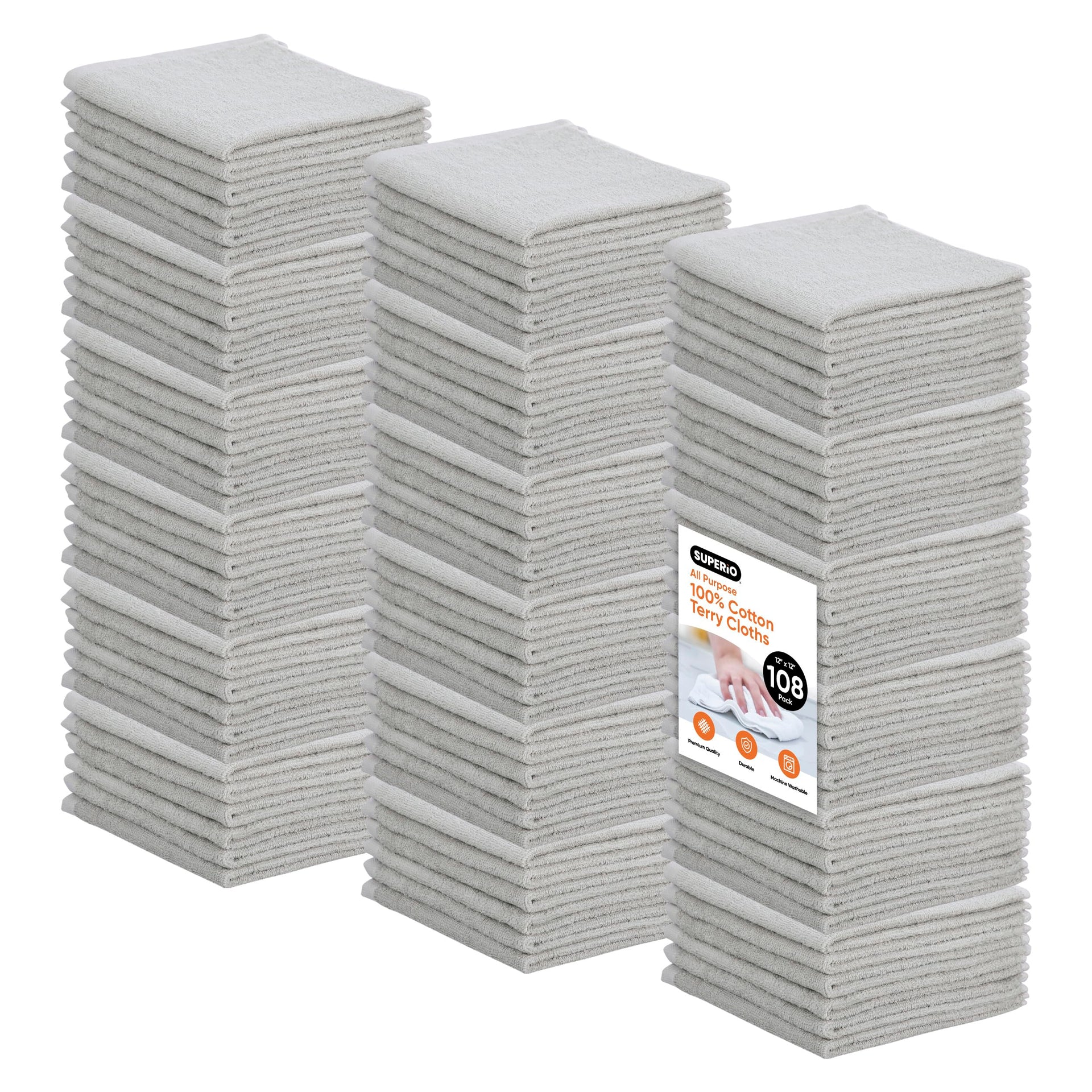 Cotton Terry Washcloths Grey Towels 100% Cotton Cleaning Cloth Rags Wash Clothes for Body and Face (108 Count)