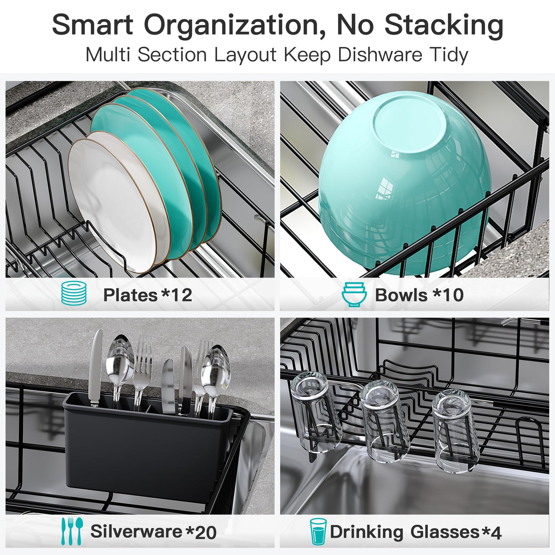 Black Dish Drying Rack in Sink with Drainboard and Utensil Holder